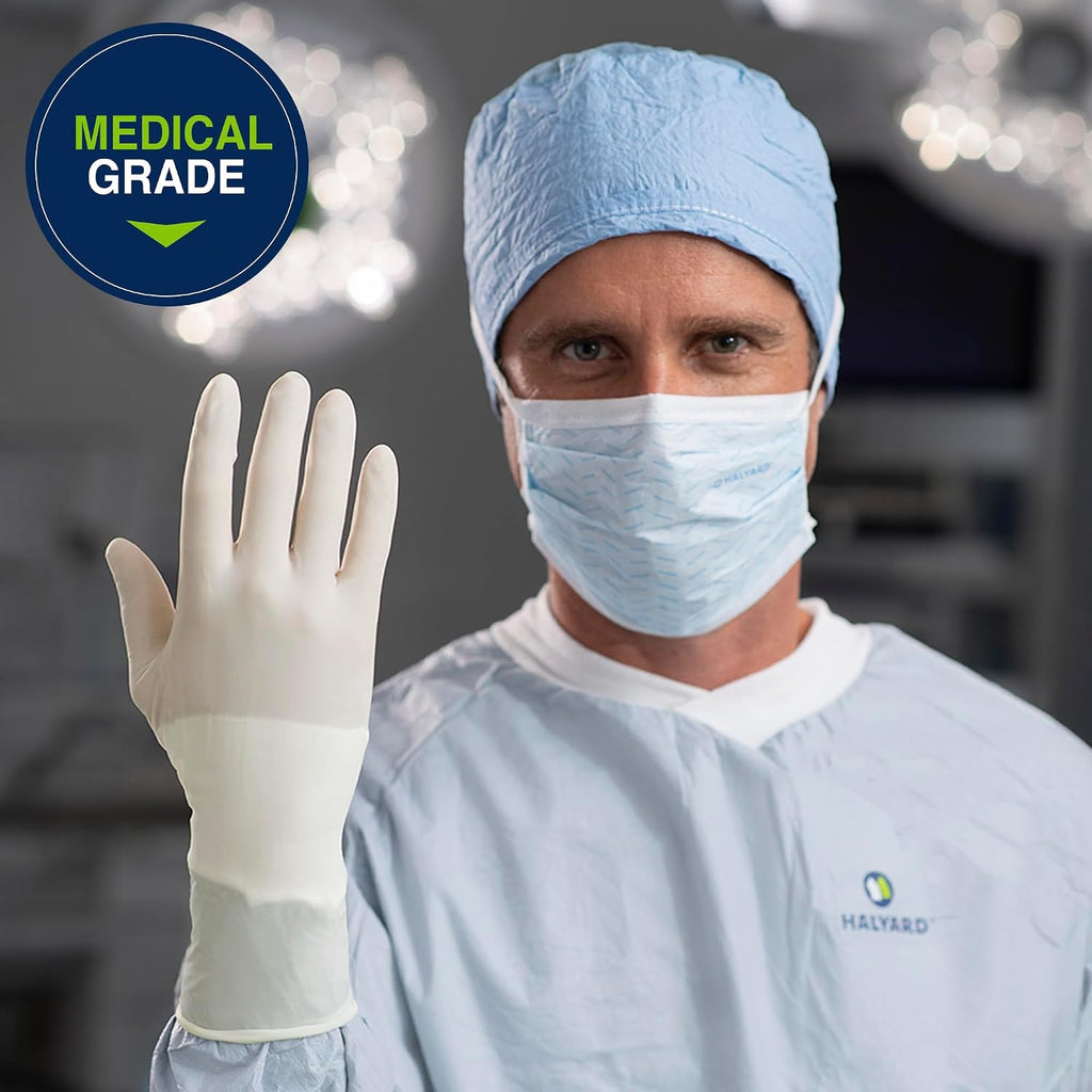 HALYARD SENSI-GUARD Micro Surgical Gloves Polyisoprene Sterile Individually Wrapped Pairs Powder Free Medical Disposable Gloves, 7.8 mil, Size 8.5 Large, White, SGL91085 (Box of 50 Pairs - 100 Total)