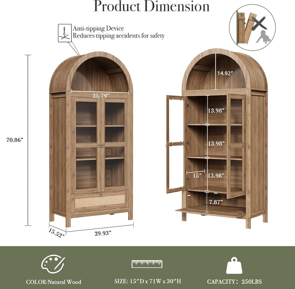 71' Tall Arched Kitchen Pantry Cabinet, Modern Farmhouse Hutch Storage Cabinets with Large Drawer and Glass Doors for Kitchen, Dining Room, Living Room, Natural