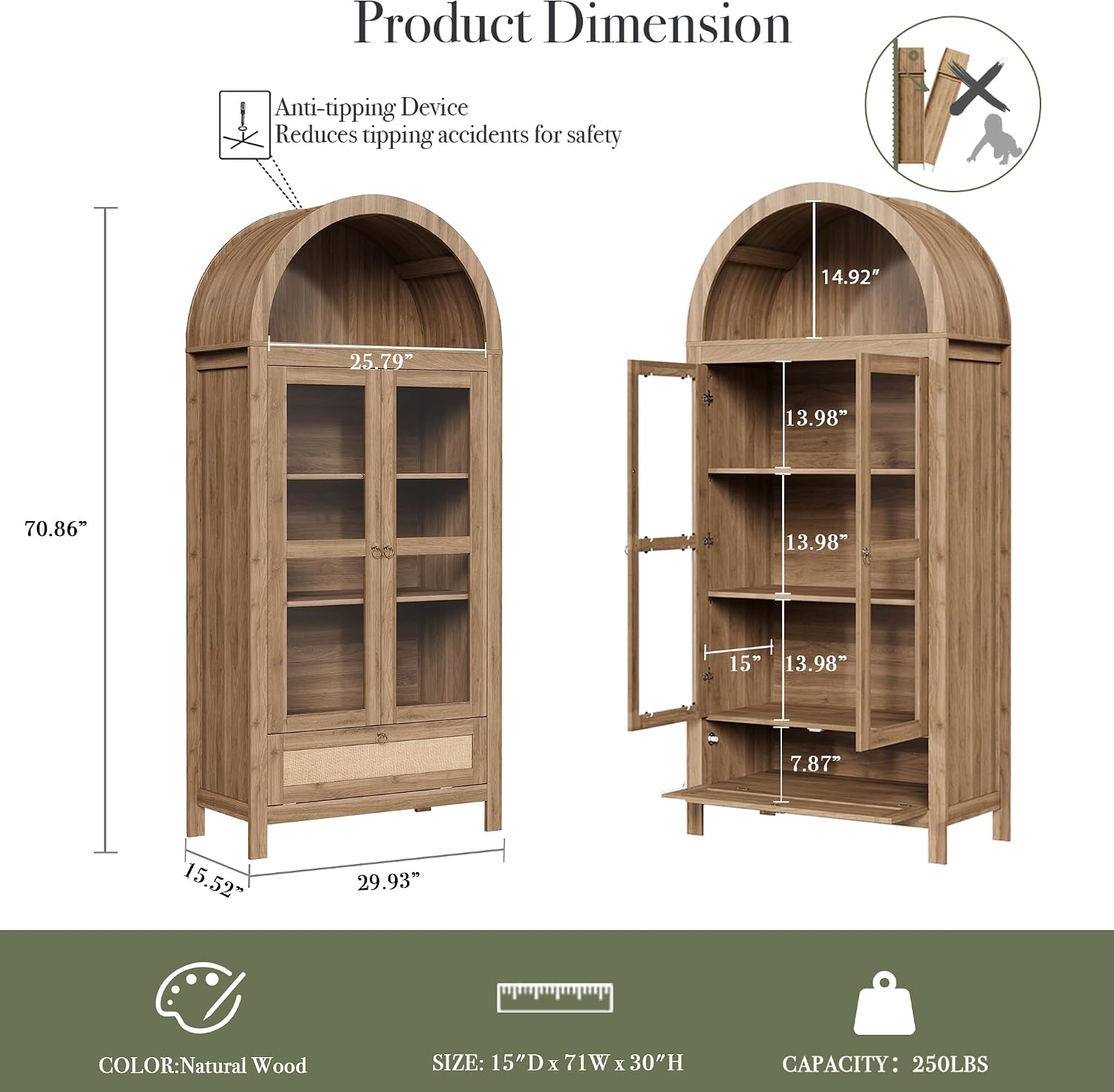 71' Tall Arched Kitchen Pantry Cabinet, Modern Farmhouse Hutch Storage Cabinets with Large Drawer and Glass Doors for Kitchen, Dining Room, Living Room, Natural