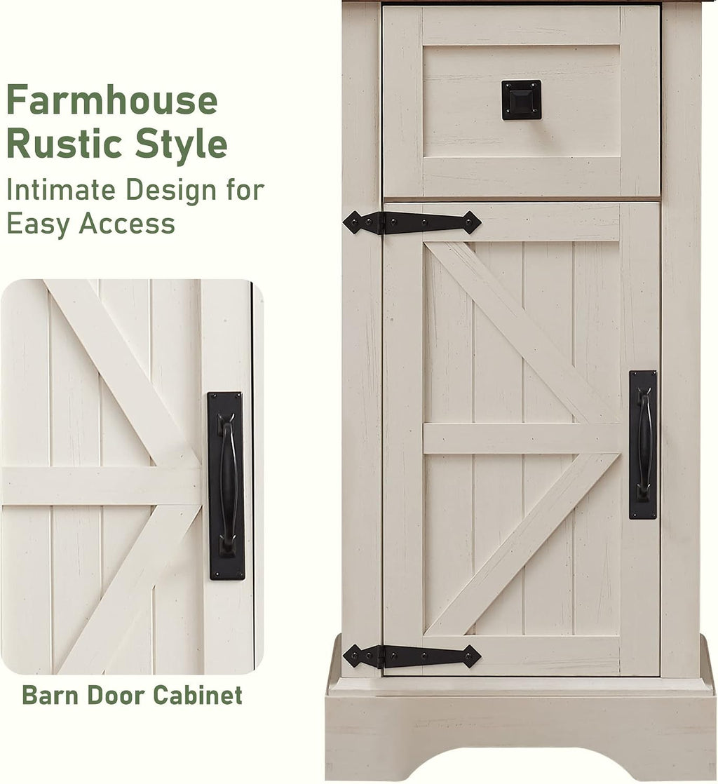 OKD 68' Tall Bathroom Storage Cabinet, Farmhouse Storage Cabinet with Barn Door & Drawer, Adjustable Shelves, Tall Linen Tower for Bathroom, Living Room, Rustic Oak with Antique White