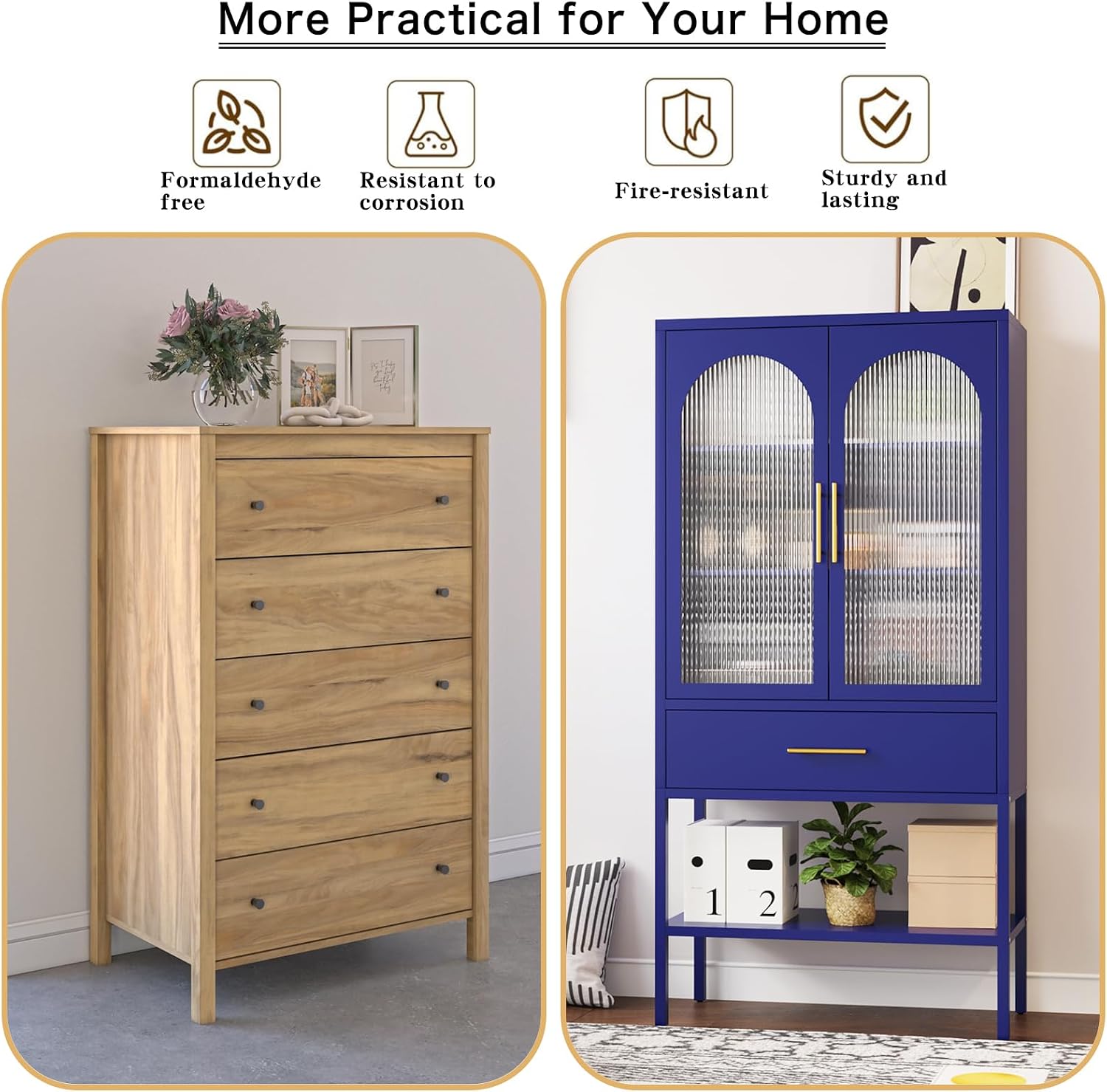 ALBAD 63 Inch Tall Metal Pantry/Display/Storage Cabinet with Fluted Glass Doors and Drawer & Adjustable Shelf for Modern Home Office Living Room Kitchen Blue
