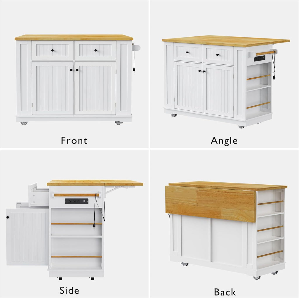 48 Inch Rolling Kitchen Island Storage Cart on 5 Wheels with Drop Leaf, Power Outlet, Door Internal Storage Rack, 5 Open Side Racks, 2 Drawers for Dining Room, Home Bar, White