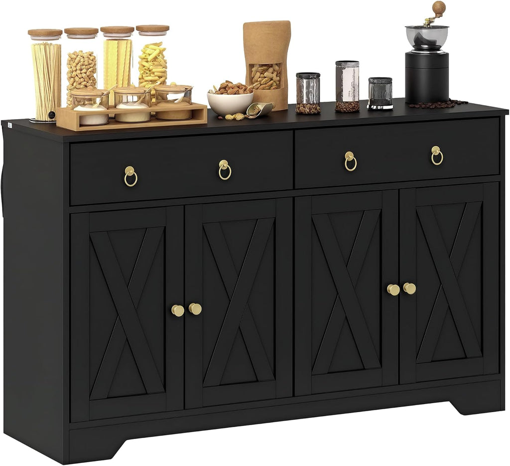 HOMCOM 48' Sideboard Buffet with Storage, Kitchen Storage Cabinet with 2 Drawers and 4 Barn Doors, Farmhouse Coffee Bar Cabinet with Adjustable Shelves, Black