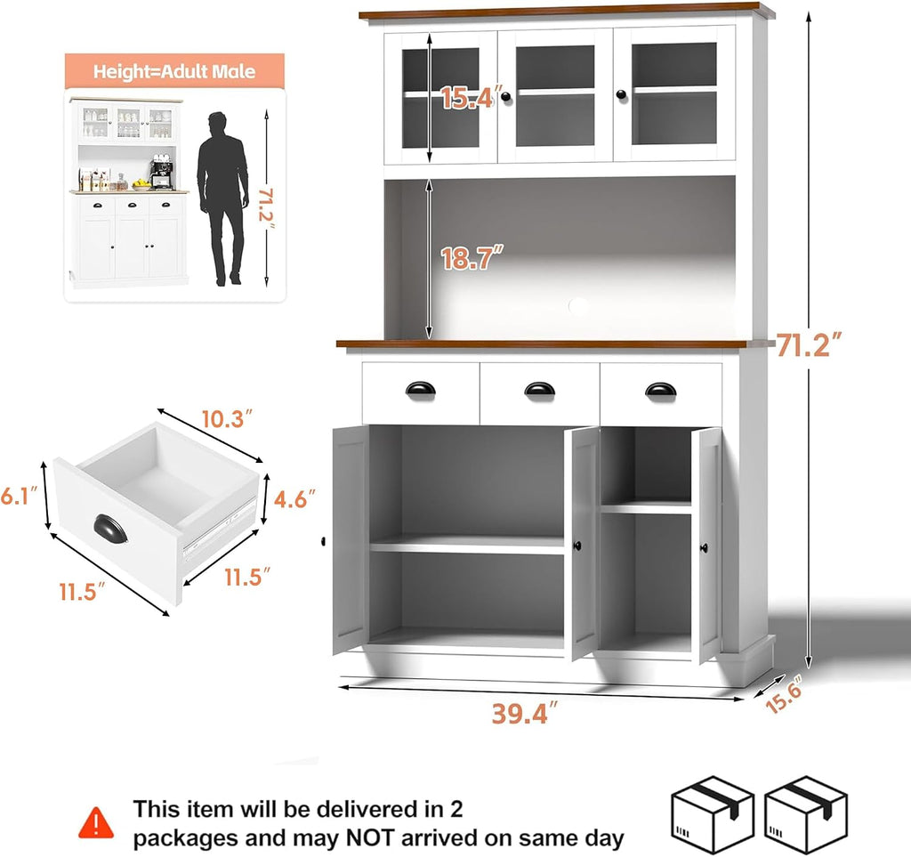 MU 71' Kitchen Pantry Cabinet with Charging Station, Tall Pantry Hutch with Drawers, Countertop & Microwave Shelf, Food Storage Cabinet for Dining Room & Coffee Bar, White
