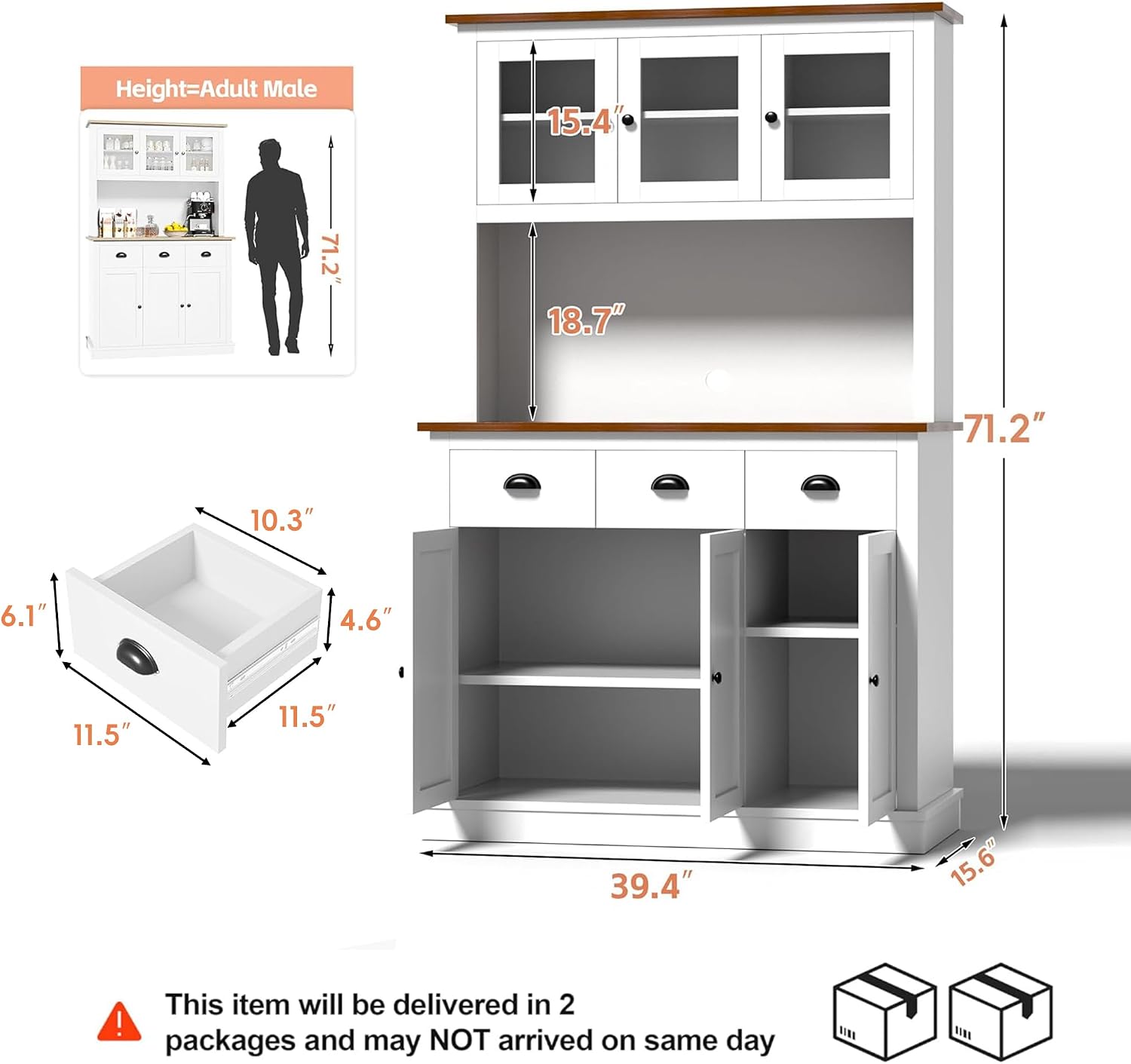 MU 71' Kitchen Pantry Cabinet with Charging Station, Tall Pantry Hutch with Drawers, Countertop & Microwave Shelf, Food Storage Cabinet for Dining Room & Coffee Bar, White