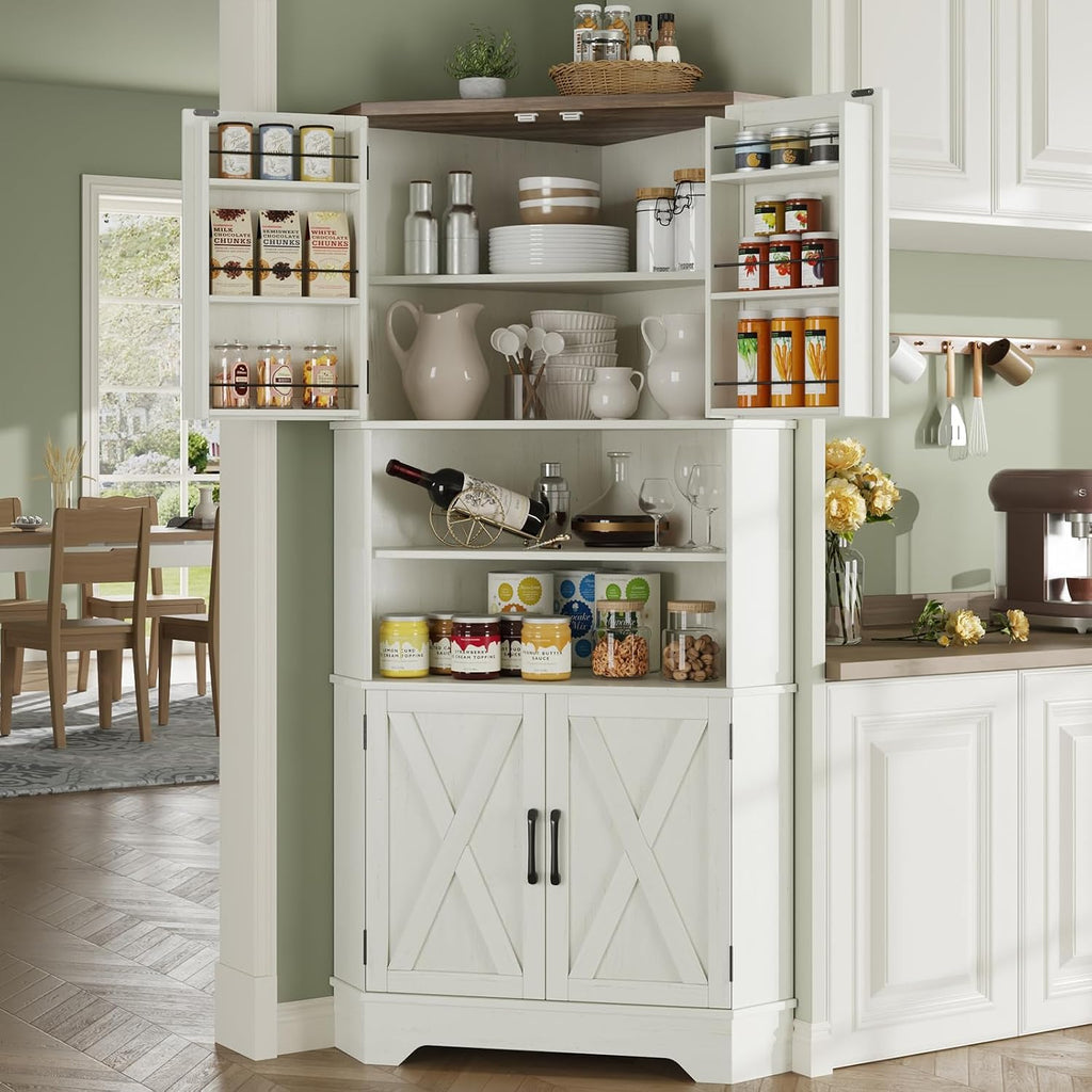 Befrases Corner Cabinet, 67''H Kitchen Pantry Storage Cabinet, 6-Tier Corner Food Pantry Hutch with 4 Barn Doors and Shelves, Tall Farmhouse Furniture for Kitchen Dining Living Room, White