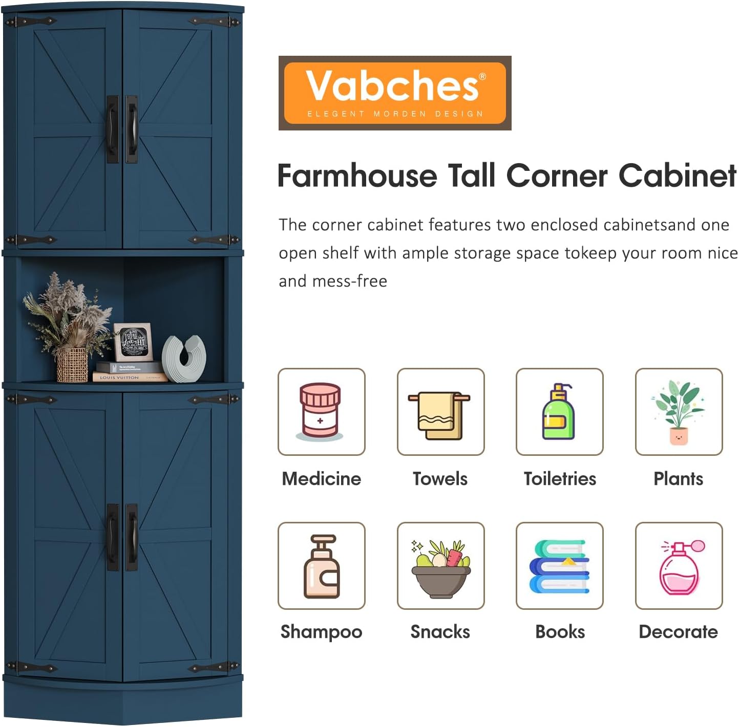 Vabches 64.8' Tall Farmhouse Corner Cabinet with 4 Doors and 5 Storage Shelves, Farmhouse Storage Cabinet with Barn Door Design, Home Space Saver for Living Room, Kitchen, Laundry Room,Blue