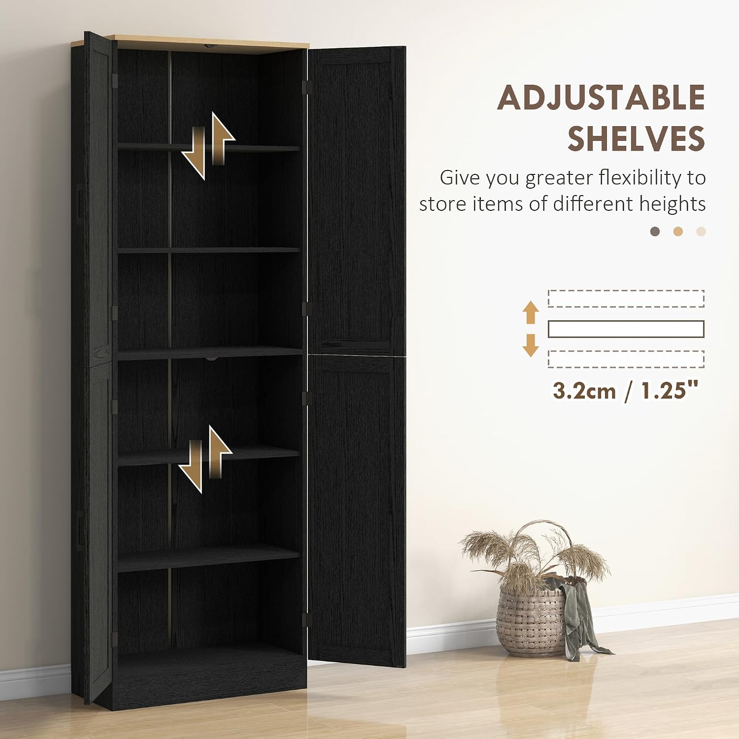 HOMCOM 67' Freestanding Kitchen Pantry, 4-Door Storage Cabinet Organizer with Adjustable Shelves, Kitchen Cabinet with Doors, Distressed Black