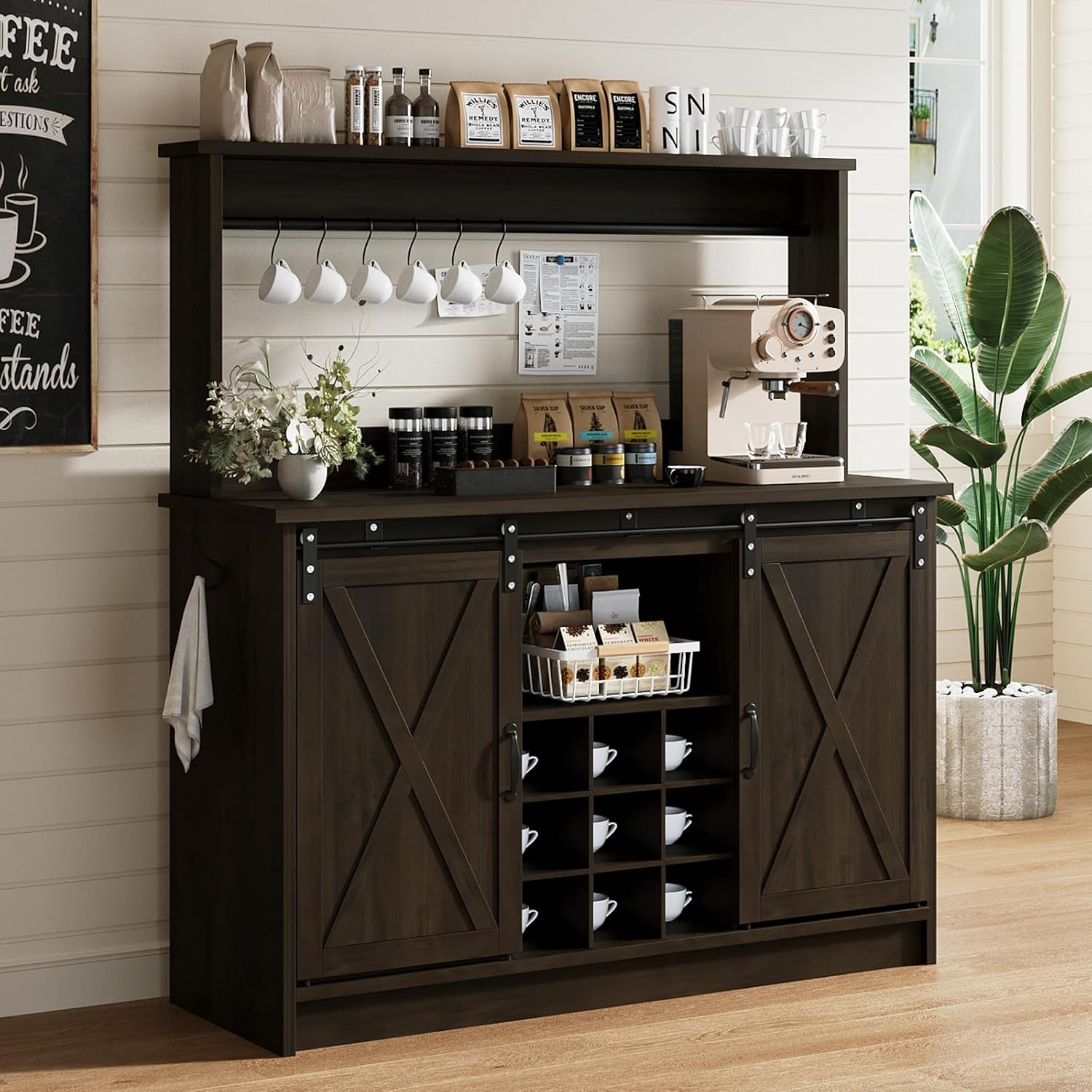 4ever2buy Farmhouse Coffee Bar Cabinet with Hutch and 6 Hooks, 47 Inch Wine Cabinet with Storage, Kitchen Buffet Cabinet with Adjustable Shelves &9 Wine Racks for Living Dining Room, Dark Oak