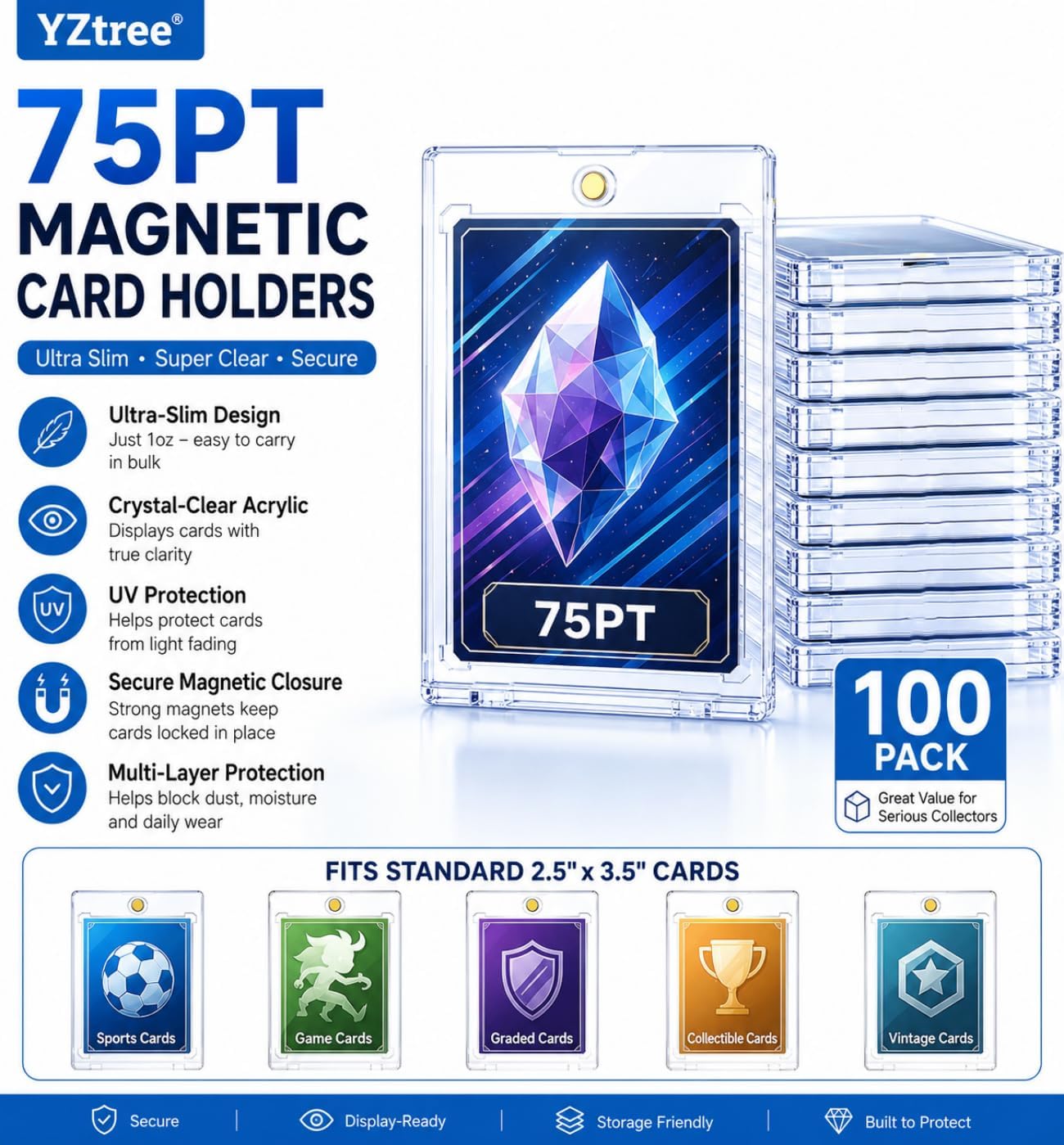 75pt Magnetic Card Holder, 100 Pack Clear Acrylic Trading Card Cases | 0.21' Clear Acrylic Trading Card Case for Slightly Thicker Cards, U-V Resistant Sports Card Protector for Thick TCG Card
