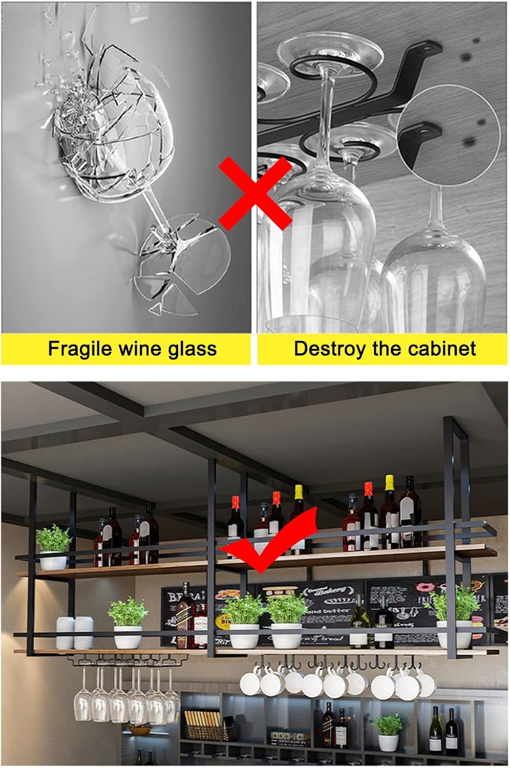 Ceiling Wine Glass Rack - 55.1in Hanging Wine Rack with Glass Holder and Shelf, 2 Layer Industrial Hanging Wine Bottle Holder, Black Metal Ceiling Shelf for Bar Cafe Kitchen (Black, 55.1×11.8×31.4in)