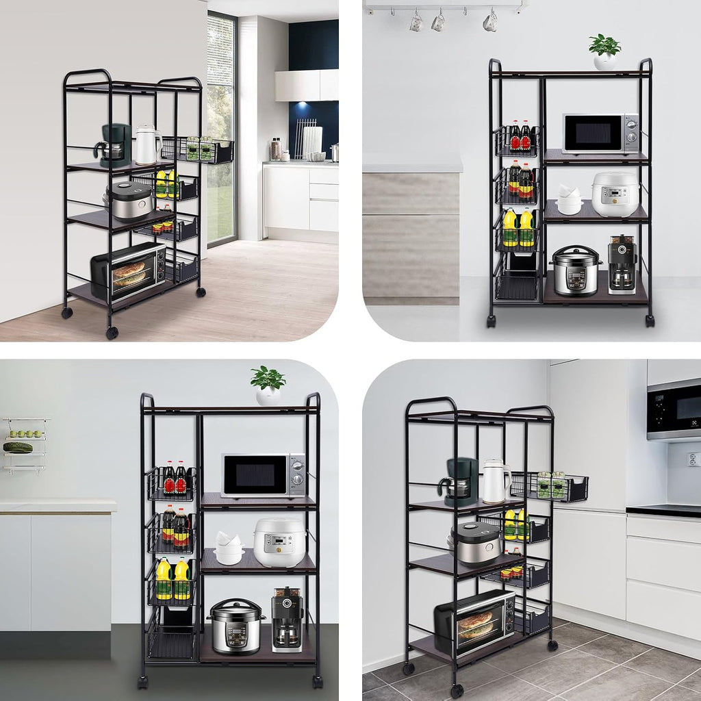 4 Tiers Kitchen Storage Shelf with 4 Drawers, Heavy Duty Storage Shelves Kitchen Bakers Rack with 4 Swivel Wheels, Kitchen Storage Cart Microwave Oven Stand Rack Utility Storage Shelf Organizer