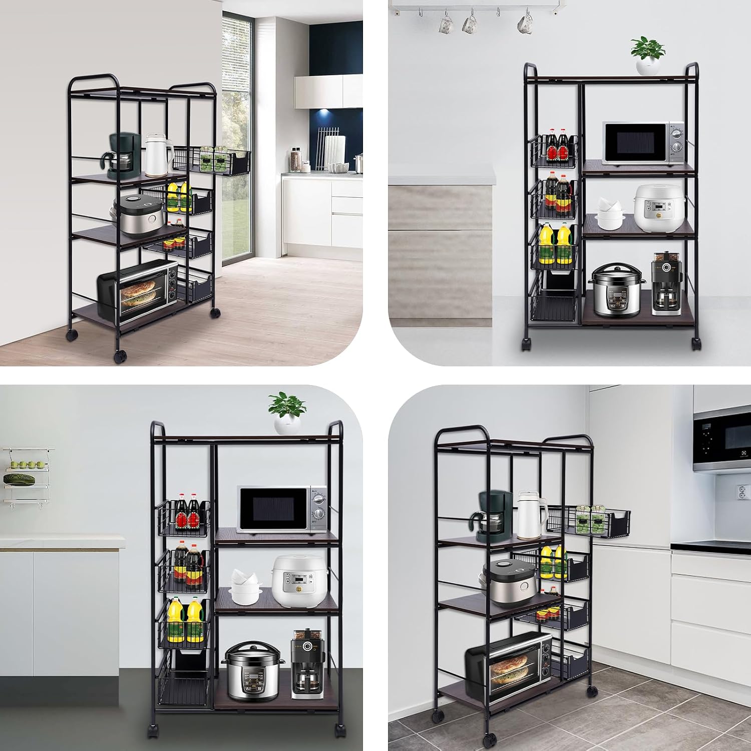 4 Tiers Kitchen Storage Shelf with 4 Drawers, Heavy Duty Storage Shelves Kitchen Bakers Rack with 4 Swivel Wheels, Kitchen Storage Cart Microwave Oven Stand Rack Utility Storage Shelf Organizer