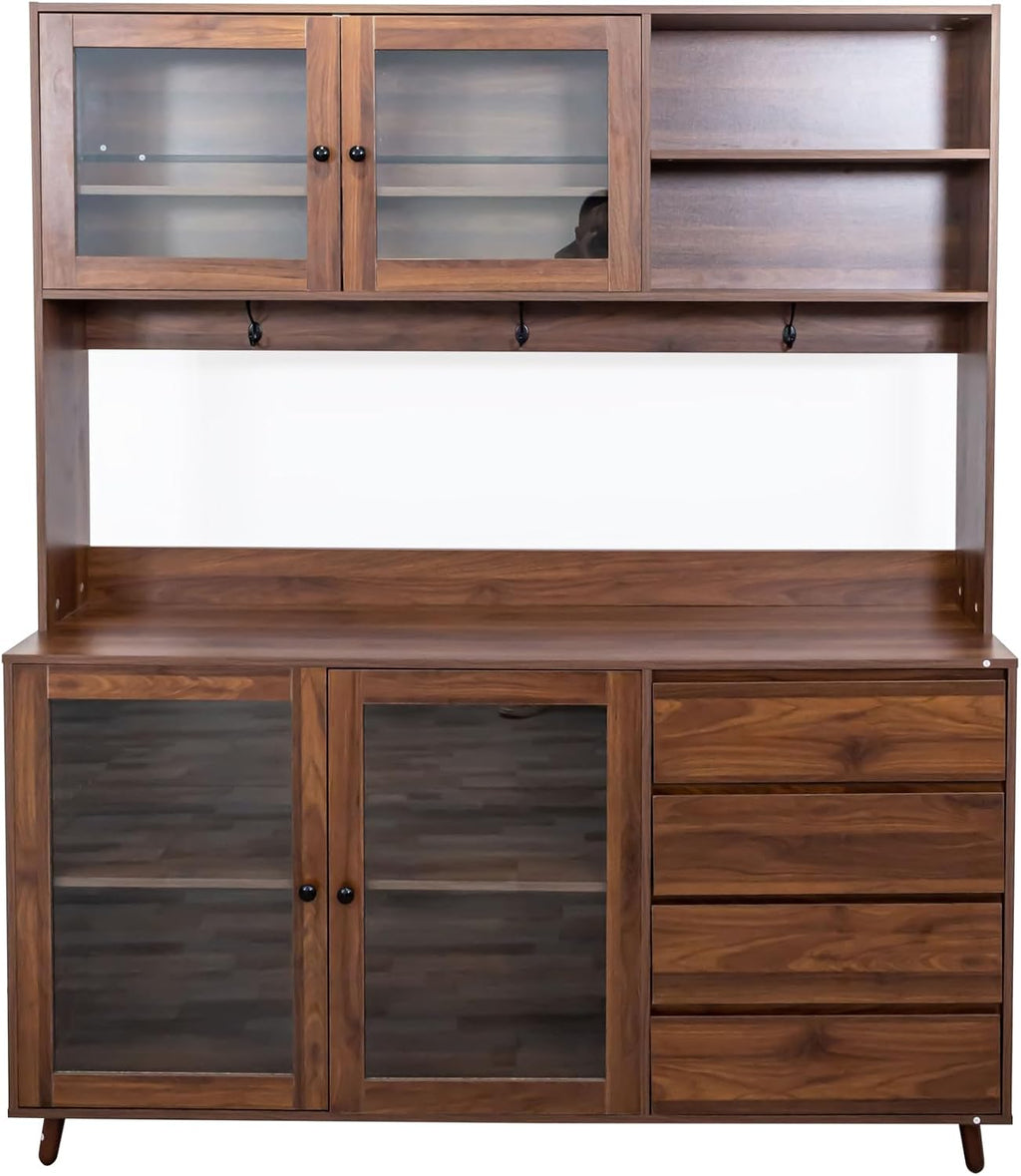 Ball & Cast 63' Large Kitchen Hutch Cabinet with Multi-Layer Shelves and 4 Doors & Drawers,Freestanding Pantry Storage Cupboard with Microwave Shelf,for Kitchen,Apartment,Livingroom,Walnut
