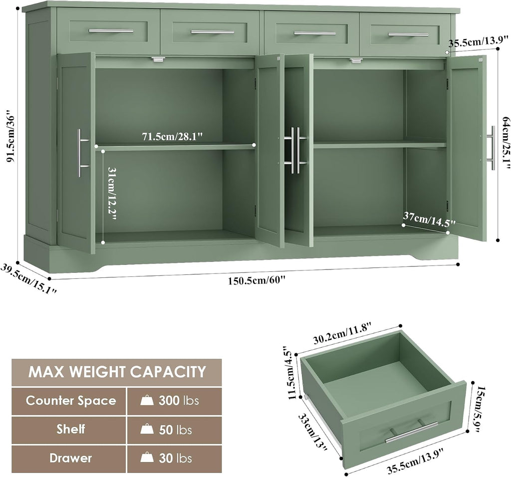 HOSTACK 60' Large Buffet Sideboard with Storage, 36' Tall Kitchen Buffet Storage Cabinet with 4 Drawers, Modern Coffee Bar Cabinet with Silver Handles, Long Sideboard Buffet Table for Kichen, Green
