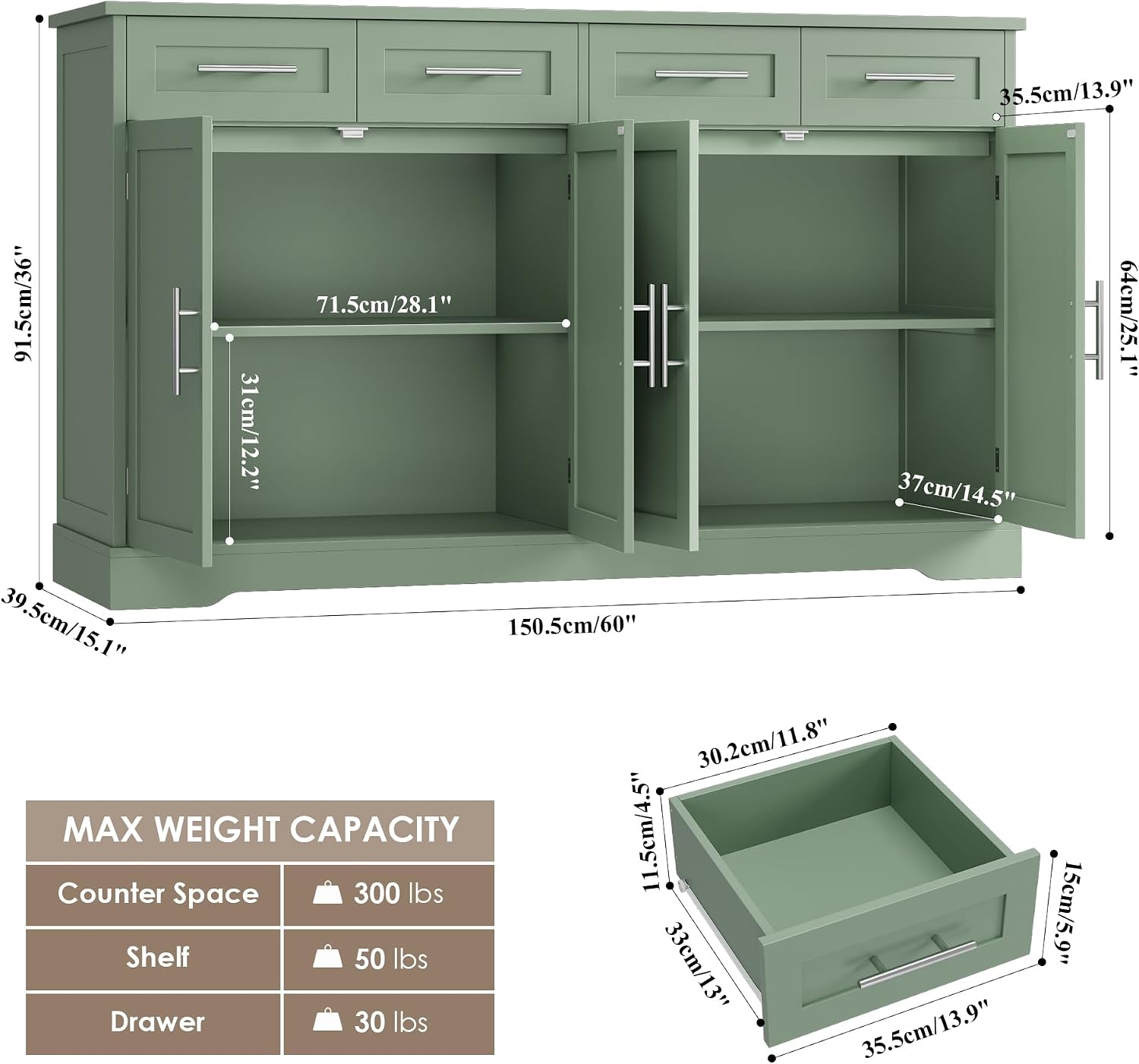 HOSTACK 60' Large Buffet Sideboard with Storage, 36' Tall Kitchen Buffet Storage Cabinet with 4 Drawers, Modern Coffee Bar Cabinet with Silver Handles, Long Sideboard Buffet Table for Kichen, Green
