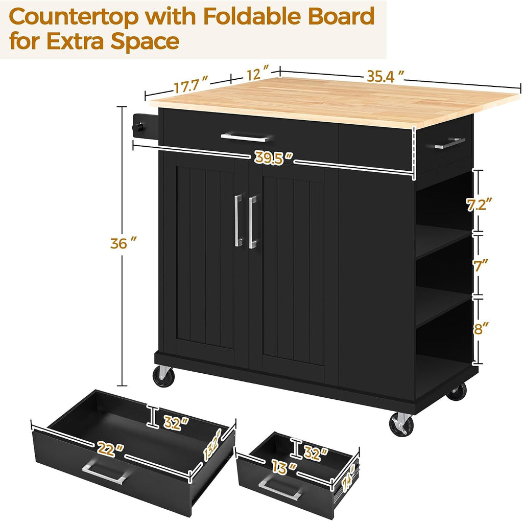Yaheetech Rolling Kitchen Island Cart with Drop Leaf, Portable Rubberwood Breakfast Bar with Storage Cabinet, Open Shelves & Detachable Towel, 2 Drawers, Black