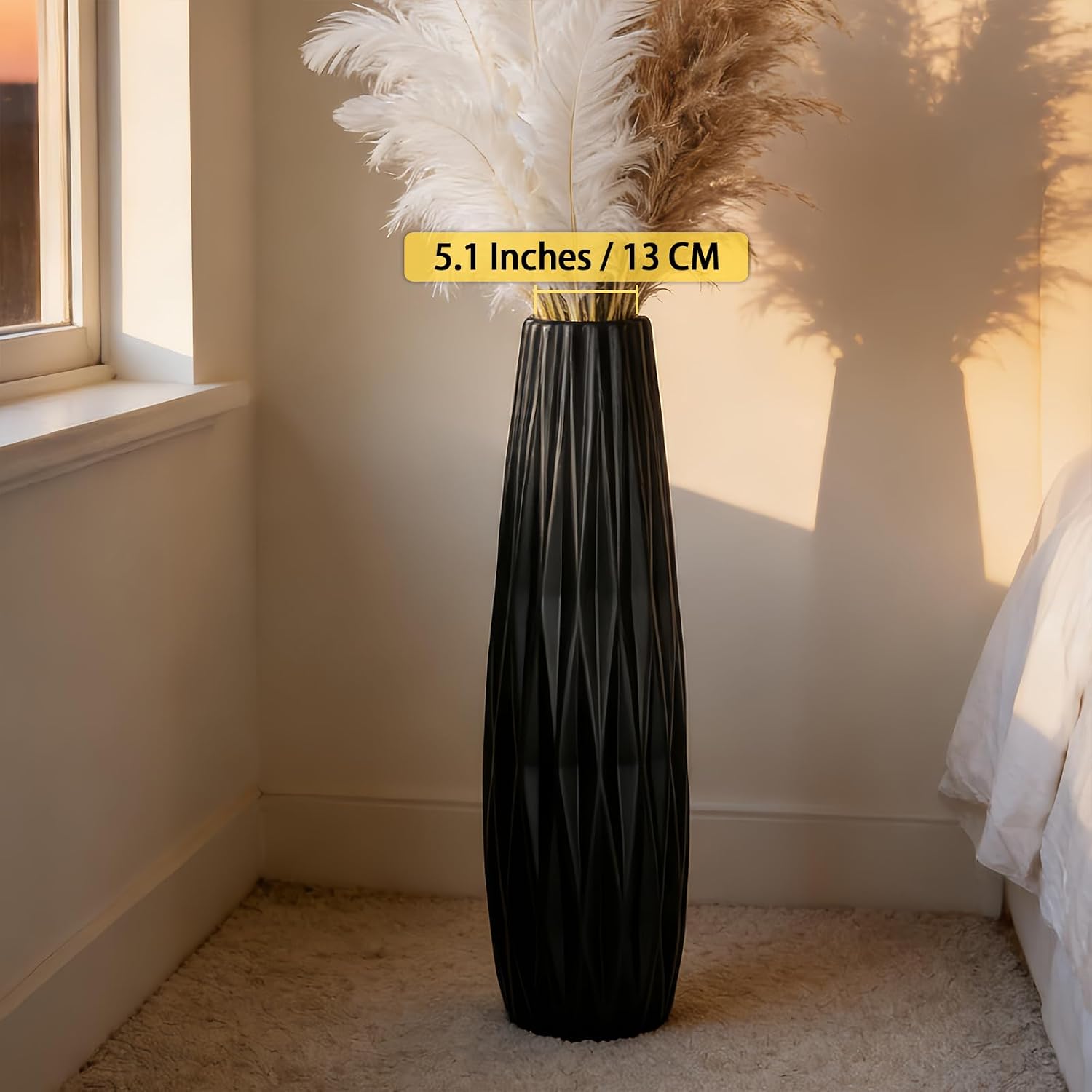 Tall Black Floor Vase – 28' Twisted Geometric Ceramic Vase for Modern Home, Living Room, Table Centerpiece or Corner Decoration
