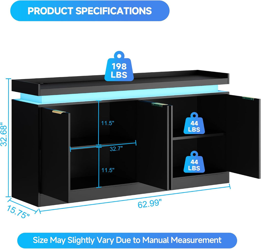 knoworld LED Sideboard Buffet Cabinet with Storage, 63'' Large Kitchen Buffet Cabinet Storage Cabinets with 4 Doors, Wood Coffee Bar Cabinets Buffet Table for Kitchen, Dining Room, Entryway