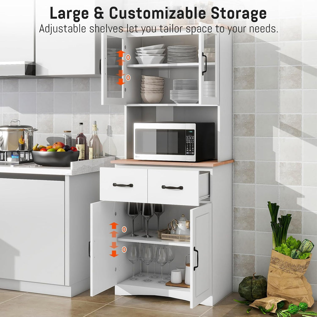 67' Kitchen Pantry Cabinet with Glass Doors & Drawers, Adjustable Shelves, Anti-Tip, Space-Saving Microwave Stand for Small Kitchens