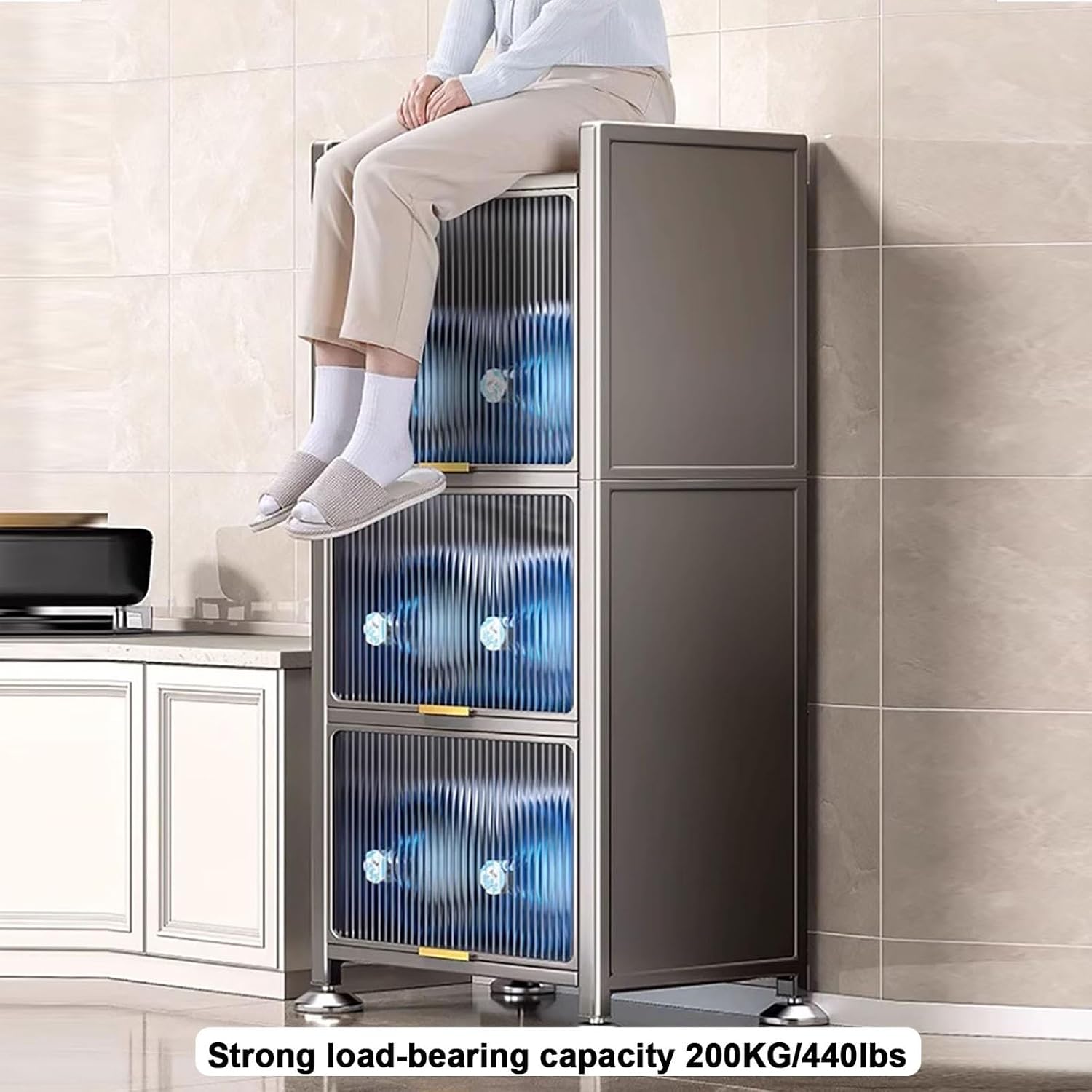 Coffee Bar Cabinet with Drawer, Bakers Rack, Microwave Stand, 4-Tier / 5-Tier Microwave Stand, Transparent Flip Switch Door Design, for Kitchen, Dining Room, Living Room (Color : 4-Layers, Size : 45