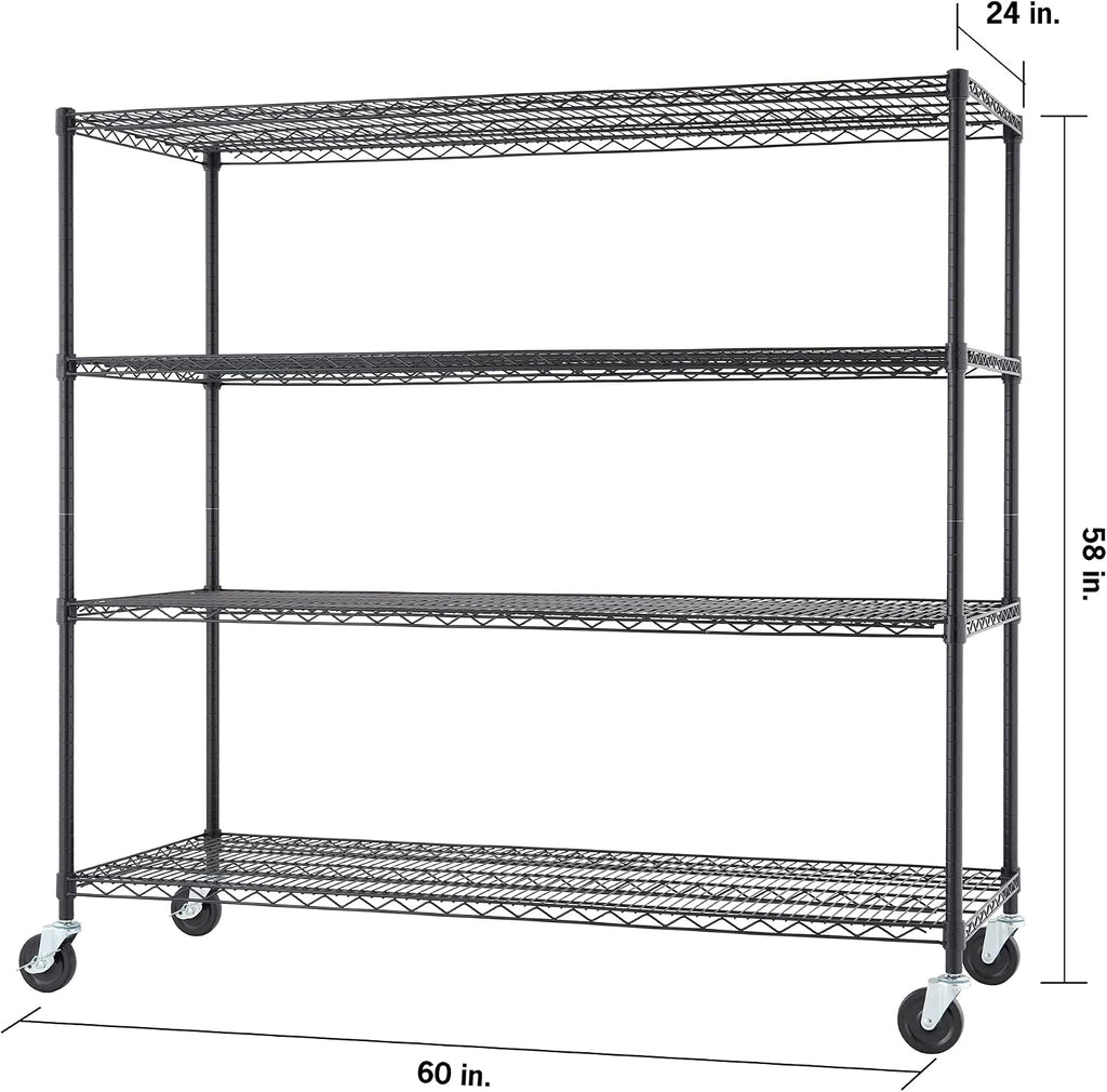 Trinity Basics 4-Tier Adjustable Wire Shelving with Wheels for Kitchen Organization, Garage Storage, Laundry Room, NSF Certified, 600 to 1800 Pound Capacity, 60' by 24' by 54', Black