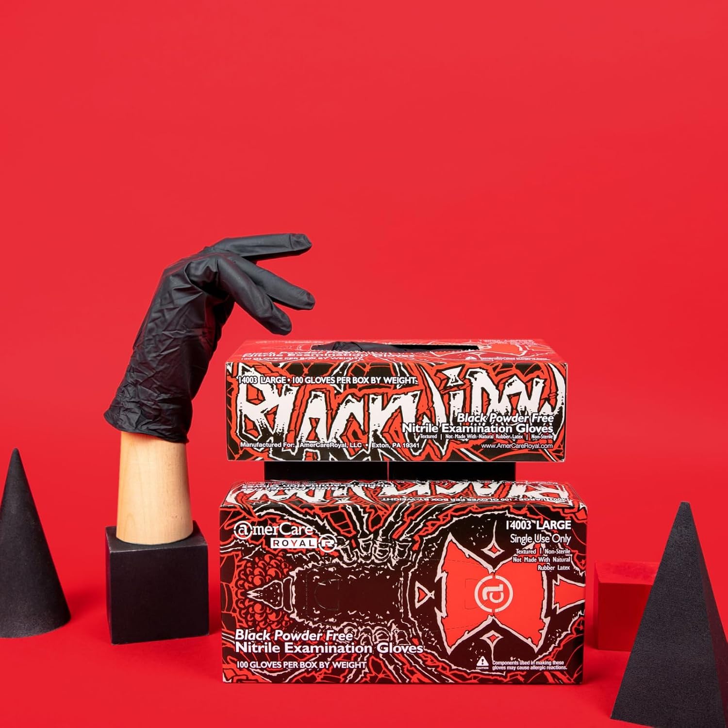 AmerCare Black Widow Powder Free Nitrile Gloves, Large, Black, Case of 1000