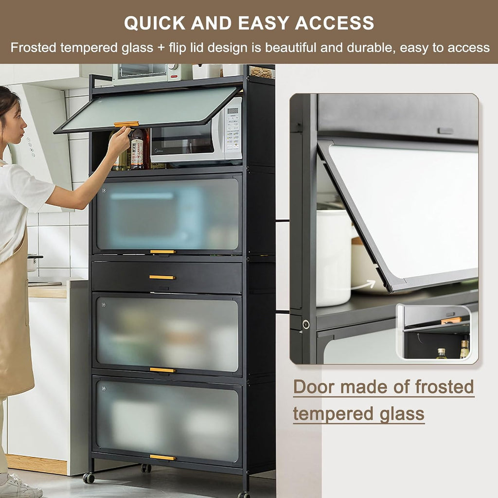 5-Tier Kitchen Storage Cabinet with Flip Doors, Mobile Microwave Stand with Brakeable Casters, Freestanding Kitchen Bakers Rack with Drawer, for Dining Room, Living Room,Black,60×135cm/23.6×53in