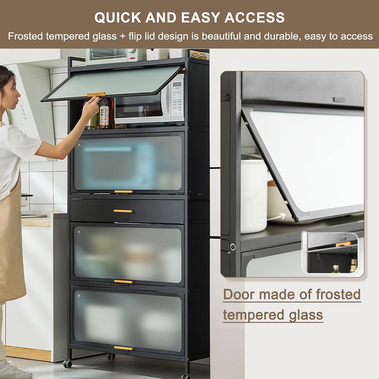 5 Tier Kitchen Bakers Rack with Drawer and Lockable Casters Black 70×102cm Microwave Stand nizer for Home and Office Storage