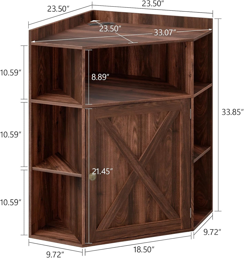 Vabches Corner Cabinet, Corner Storage Shelf with USB Ports and Outlets Industrial Organizer for Small Space Wooden 6-Cubby Bookshelf for Study, Playroom, Living Room (Walnut)