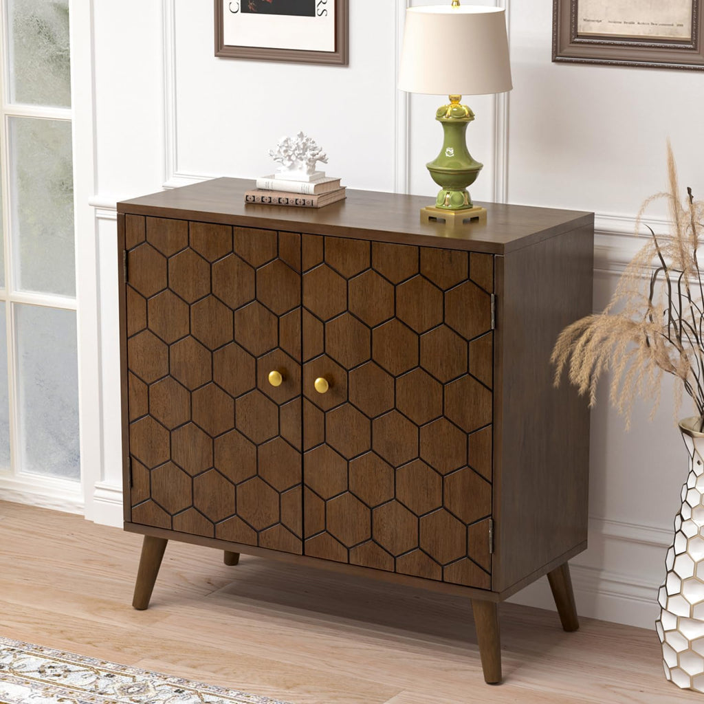 COSIEST 32' Storage Sideboard with Doors, Adjustable Shelf, Decorative Modern Accent Furniture for Living Room, Entryway, Kitchen (Brown, Honeycomb Pattern)