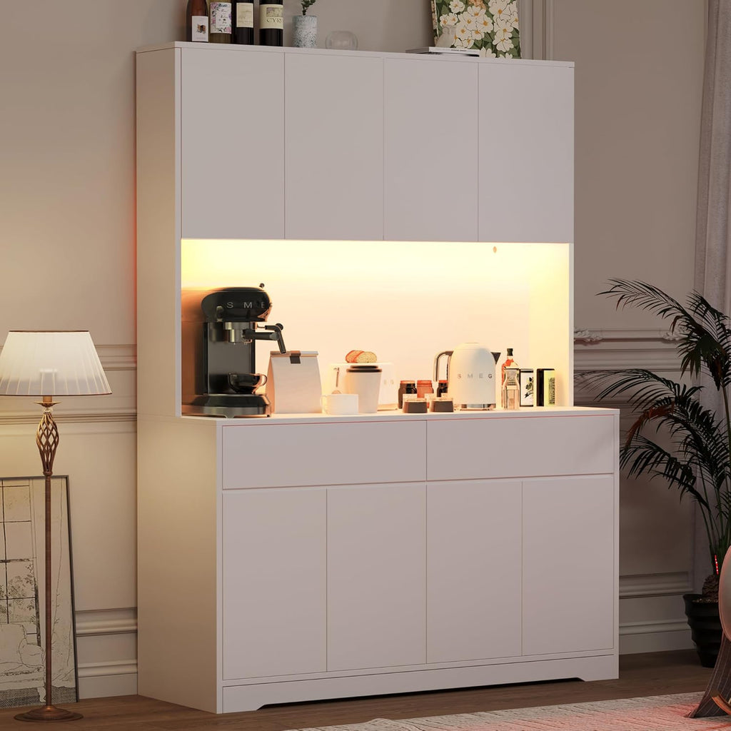 71' Tall 47' Wide Large Kitchen Pantry Storage Cabinet w/ Power Outlet,Led Light, Kitchen Hutch Pantry Cabinet w/ 2 Drawer and 8 Doors,Modern Freestanding Buffet Cabinets for Kitchens,Dining Room