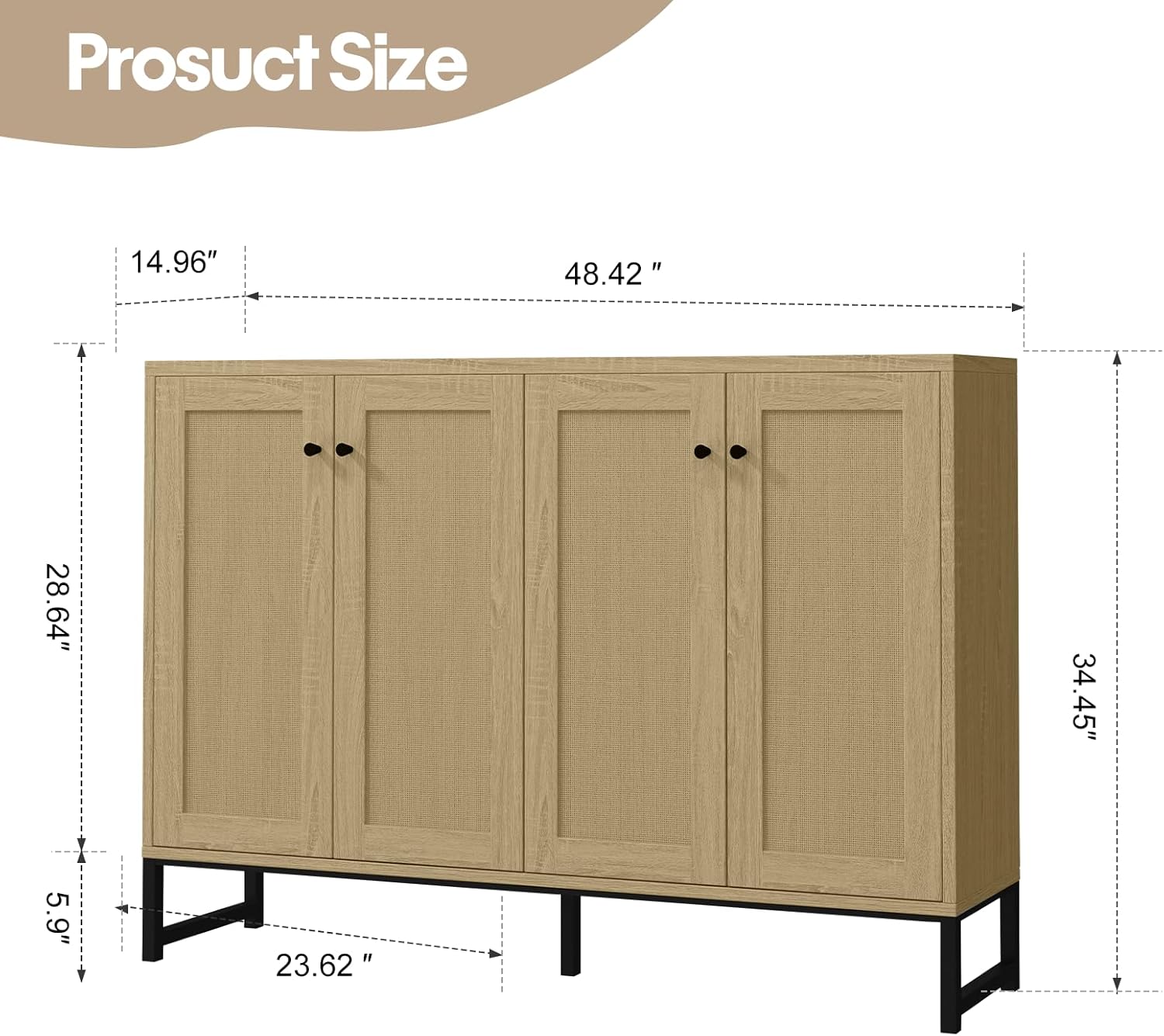 Panana Sideboard Accent Storage Cabinet with Rattan Decorated 4 Doors Dining Room Freestanding Kitchen Buffet Table Cupboard (Natural)