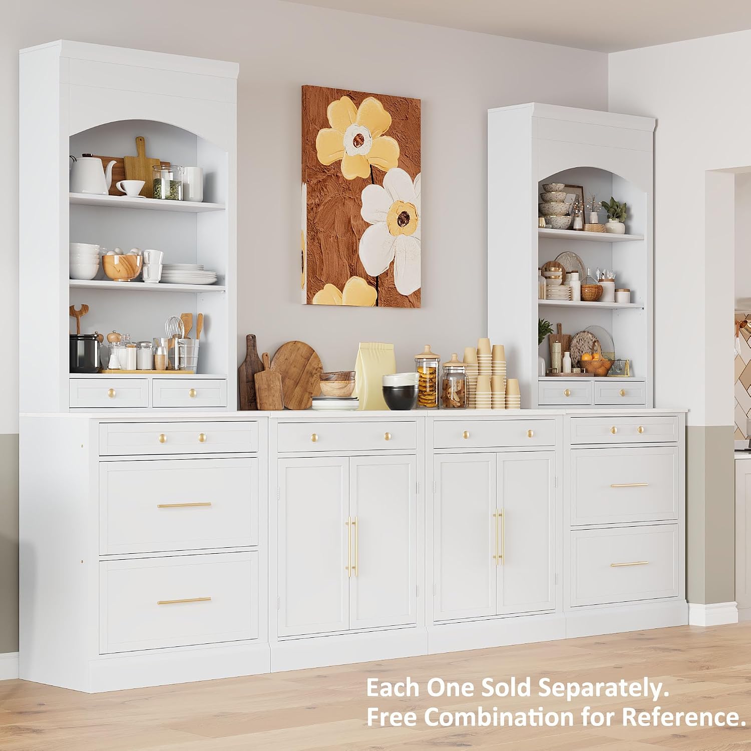 84' Freestanding Storage Cabinet with 5 Drawers, Kitchen Storage Bakers Rack with Faux Marble Top, Utility Food Cupboard with Adjustable Shelf for Kitchen Dining Room, White