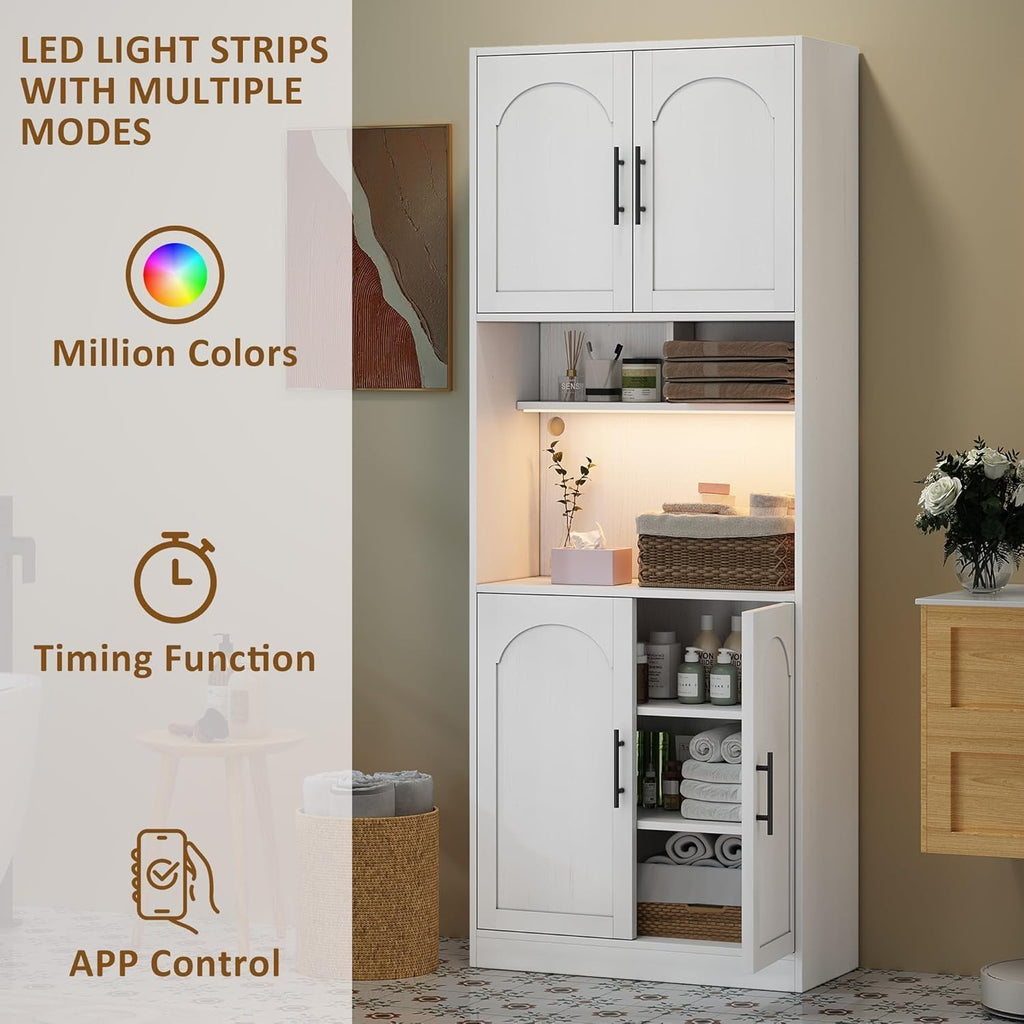 71' Tall Pantry Cabinet with Countertop, Kitchen Cabinets with LED Light Strip & Microwave Shelf, Kitchen Hutch Storage Cabinet with Adjustable Shelves for Dining Room, White