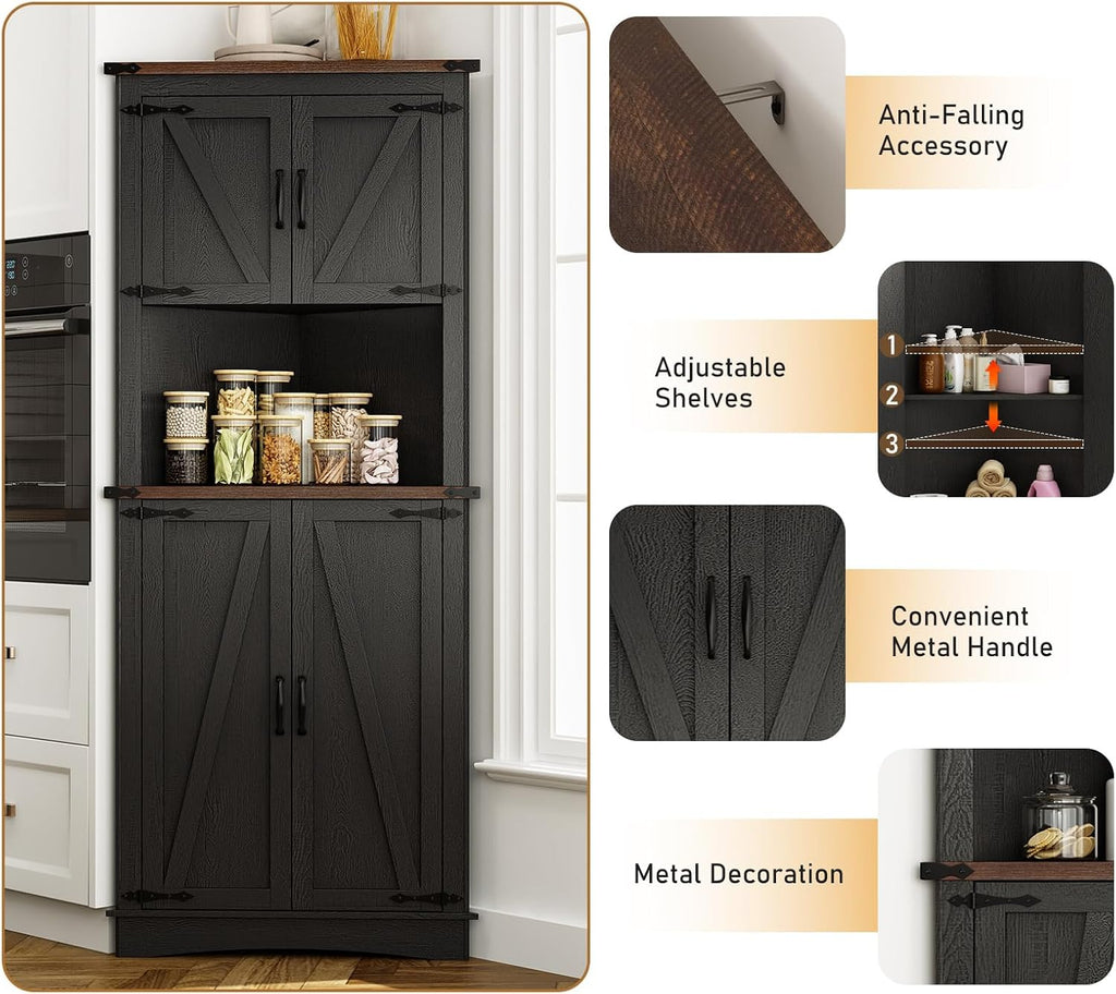 chartustriable 68' Tall Farmhouse Corner Cabinet, 28.3' Corner Storage Cabinet with 4 Doors and Adjustable Shelves, Tall Barn Door Cabinets with 5 Storage Shelves, for Kitchen, Bathroom, Black