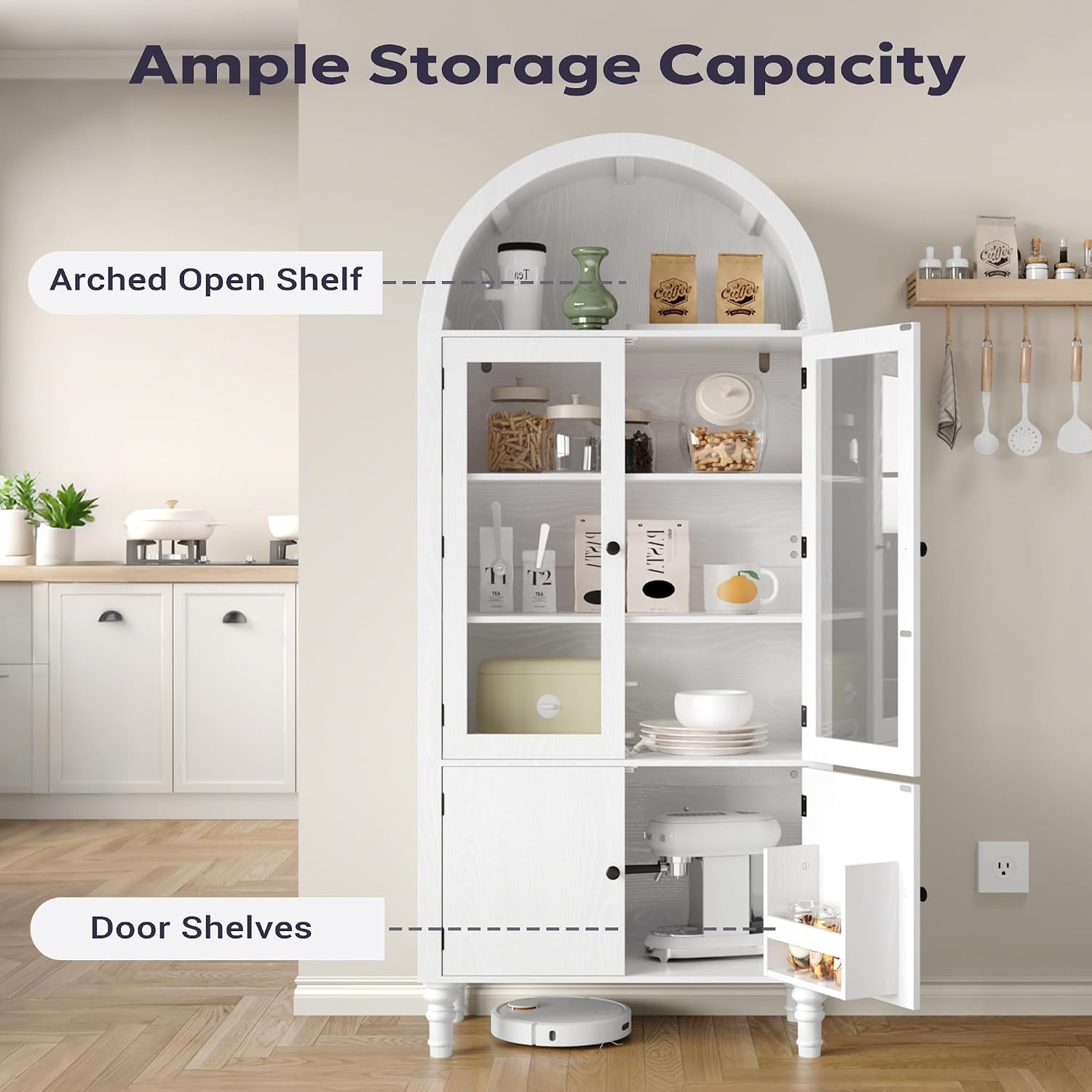 Furnify 71' Tall Arched Pantry Cabinet, Modern Kitchen Storage Cabinet with Doors, 3 Adjustable Shelves, Door Shelves, Organizer, Versatile Cupboard for Kitchen, Bathroom, White