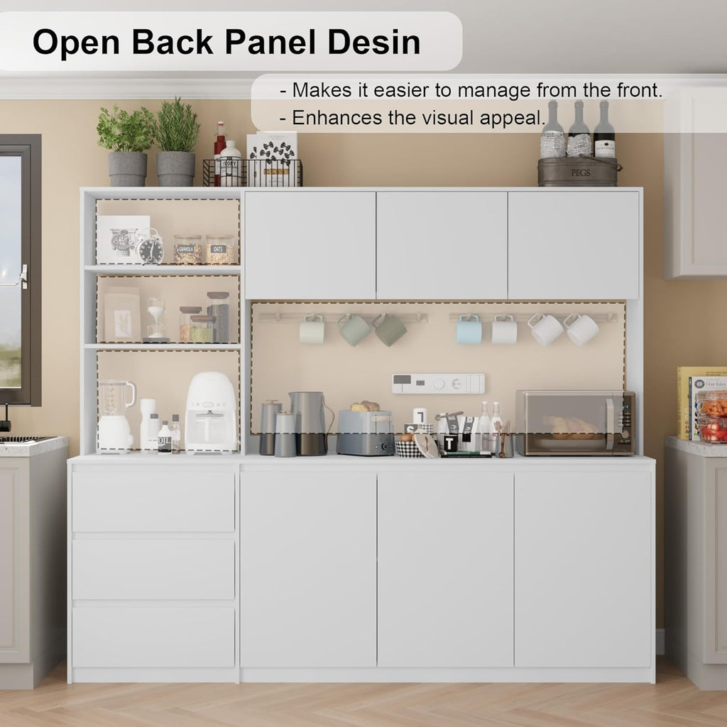 Mekminop Extra Large Kitchen Pantry with Microwave Shelf, Kitchen Hutch Storage Cabinet with Countertop, Freestanding Countertop Cabinet with 3 Drawers and 3 Open Shelves, White