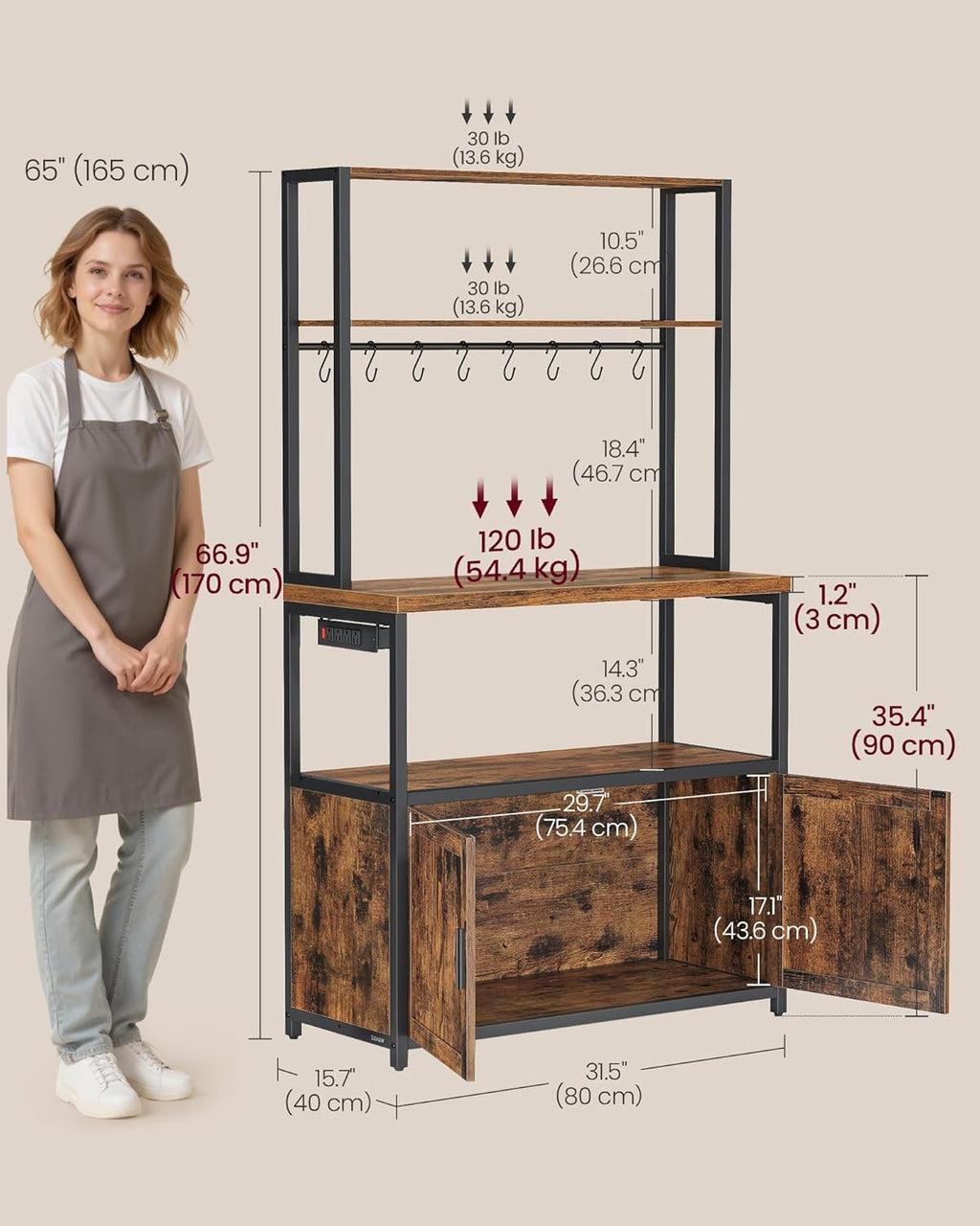 VASAGLE Kitchen Bakers Rack with Power Outlet, Coffee Bar with 35.4-Inch High Worktop, Microwave Stand with 8 Hooks, 15.7 x 31.5 x 66.9 Inches, Rustic Brown and Ink Black UKKS059K01