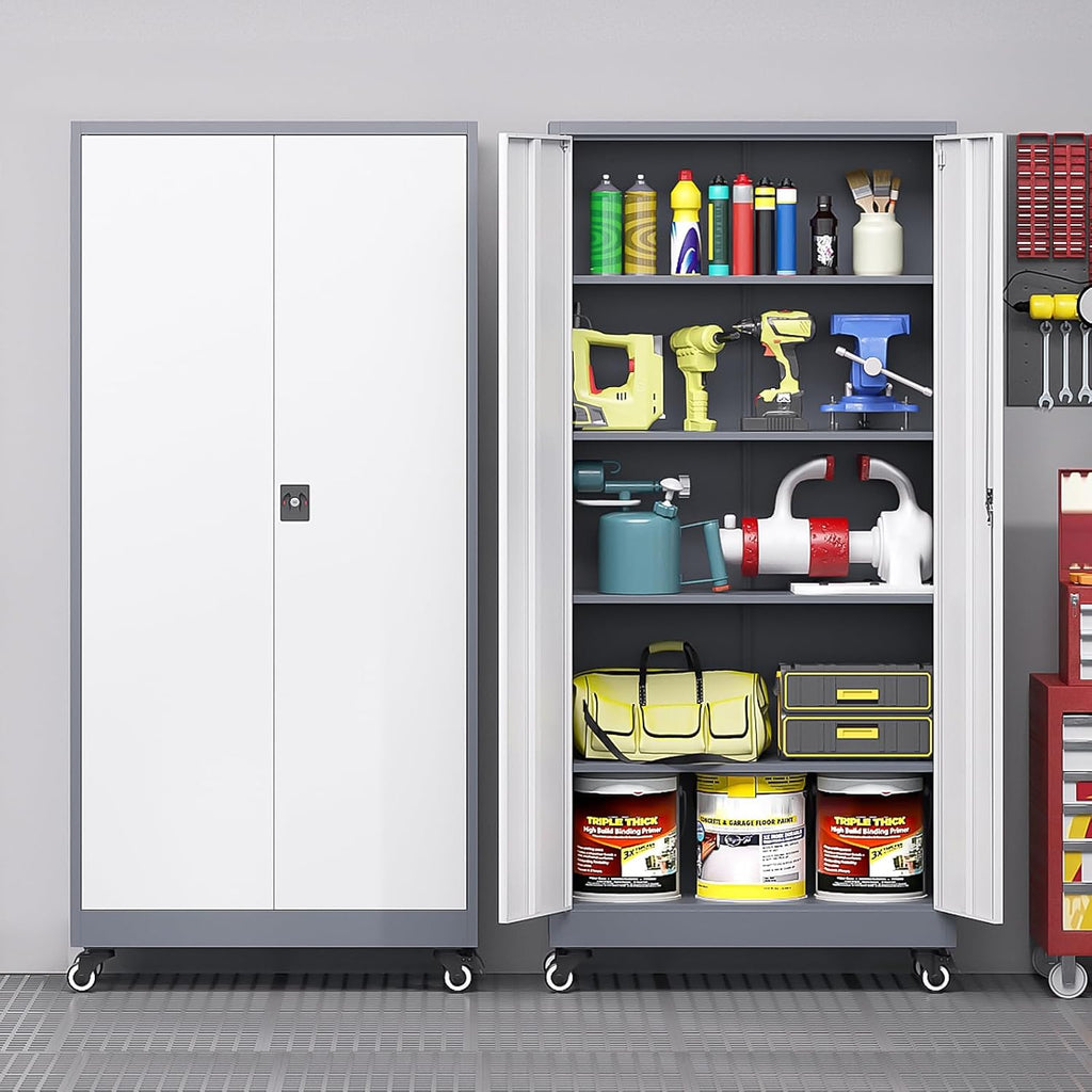 Metal Storage Cabinet with Wheels, Tall Garage Storage Cabinet with 4 Adjustable Shelves and 2 Doors, Lockable Tool Cabinet for Garage Home Office,Gym,School (White-Gray)