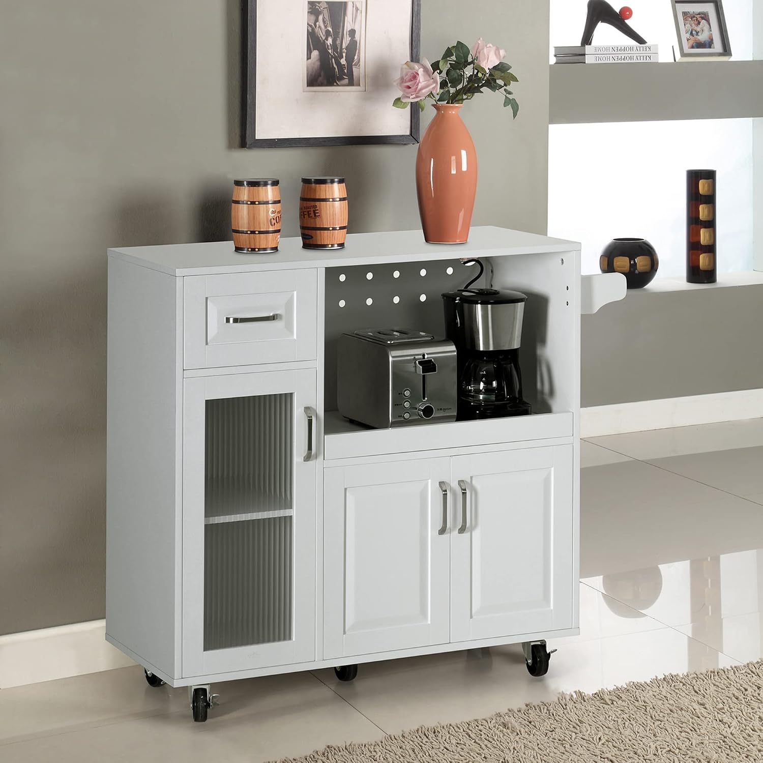 Sophia & William Kitchen Island Cart on Wheels with Extendable Tray, Adjustable Shelf and Glass Door, Mobile Kitchen Storage Islands Rolling Kitchen Trolley with Cabinets, Drawer and Towel Rack, White