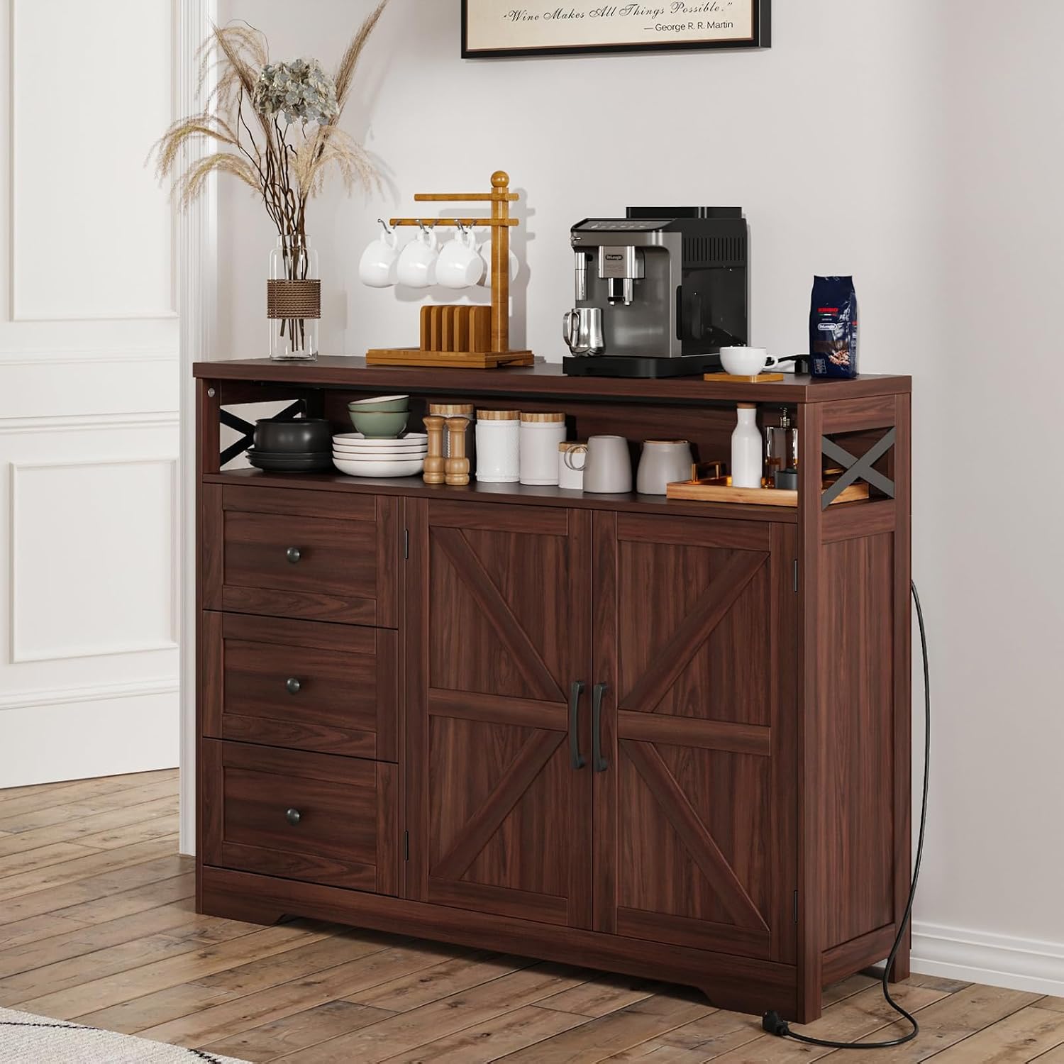 47' Dark Brown Farmhouse Storage Cabinet with Barn Doors and Drawers, Sideboard Buffet Cabinet with Storage, Kitchen Pantry Hutch, Coffee Bar Station Table for Kitchen, Living, Dining Room