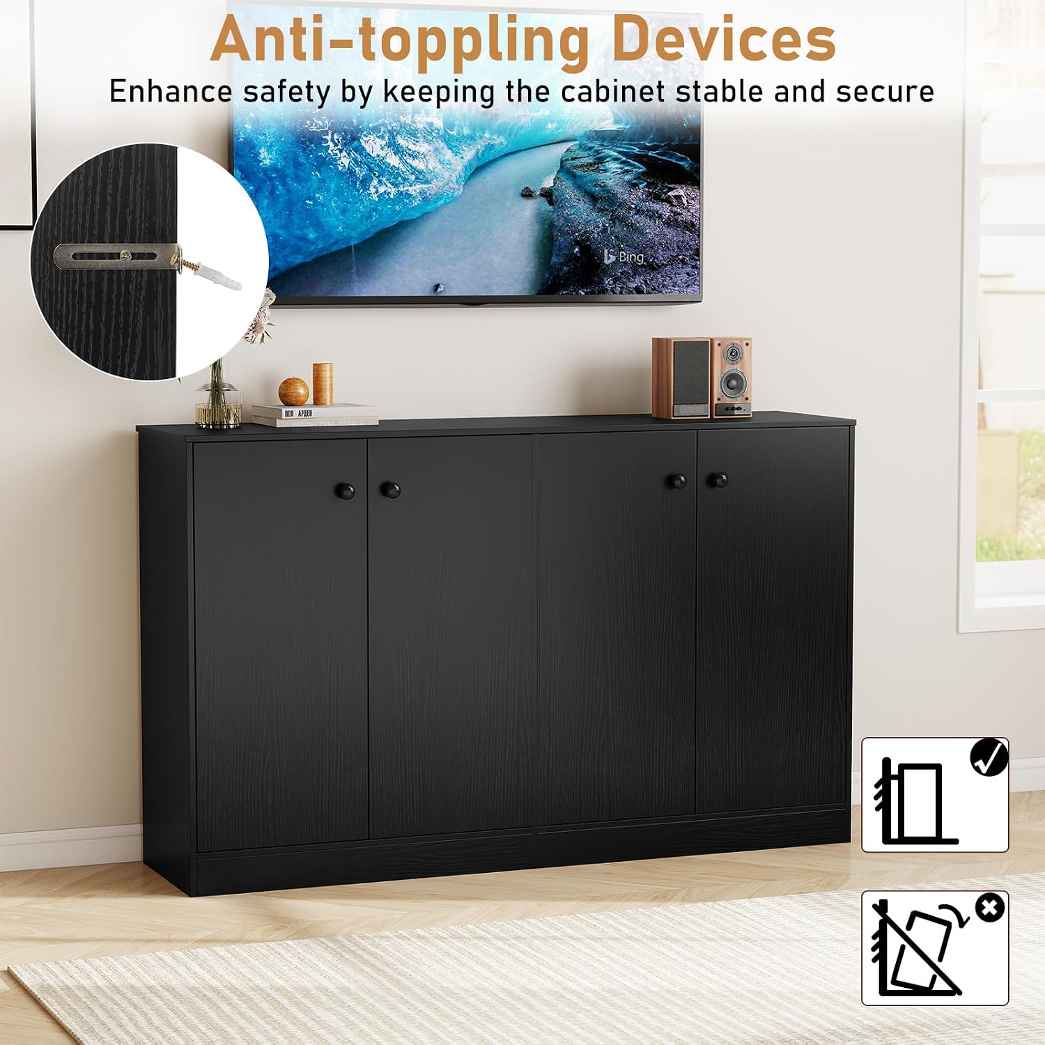 LOKO 2-Door Storage Cabinet, Modern Floor Cabinet with 3-Tier Shelf, Freestanding Side Cabinet with Anti-Toppling Device, Storage Organizer for Living Room, Kitchen, Dining Room, Entryway (Black)