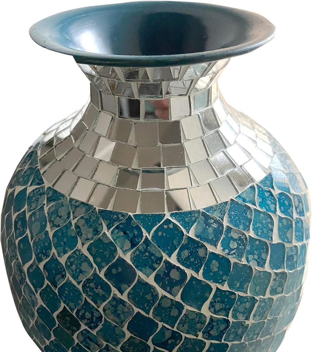 Floor Vase, Mosaic Vase, Decorative Metal Mosaic Piece Vase in Geometric Pattern Wavy Shape with Glass- Marbled Teal & Silver