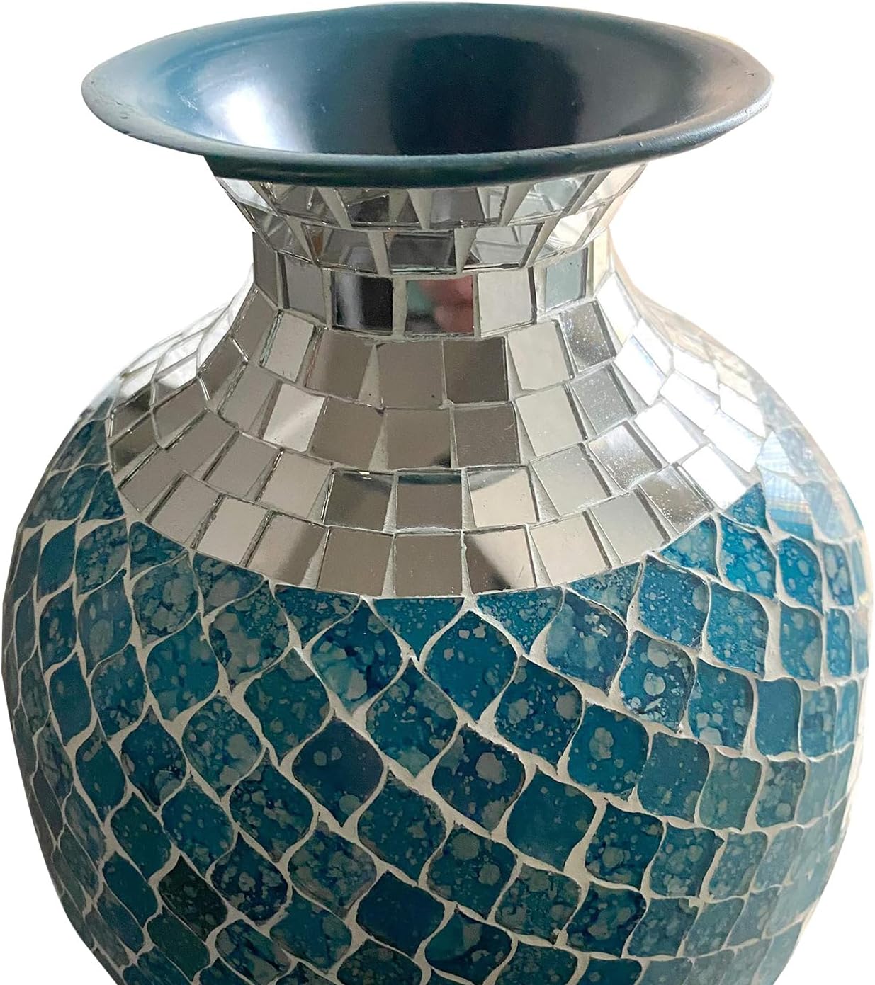 Floor Vase, Mosaic Vase, Decorative Metal Mosaic Piece Vase in Geometric Pattern Wavy Shape with Glass- Marbled Teal & Silver
