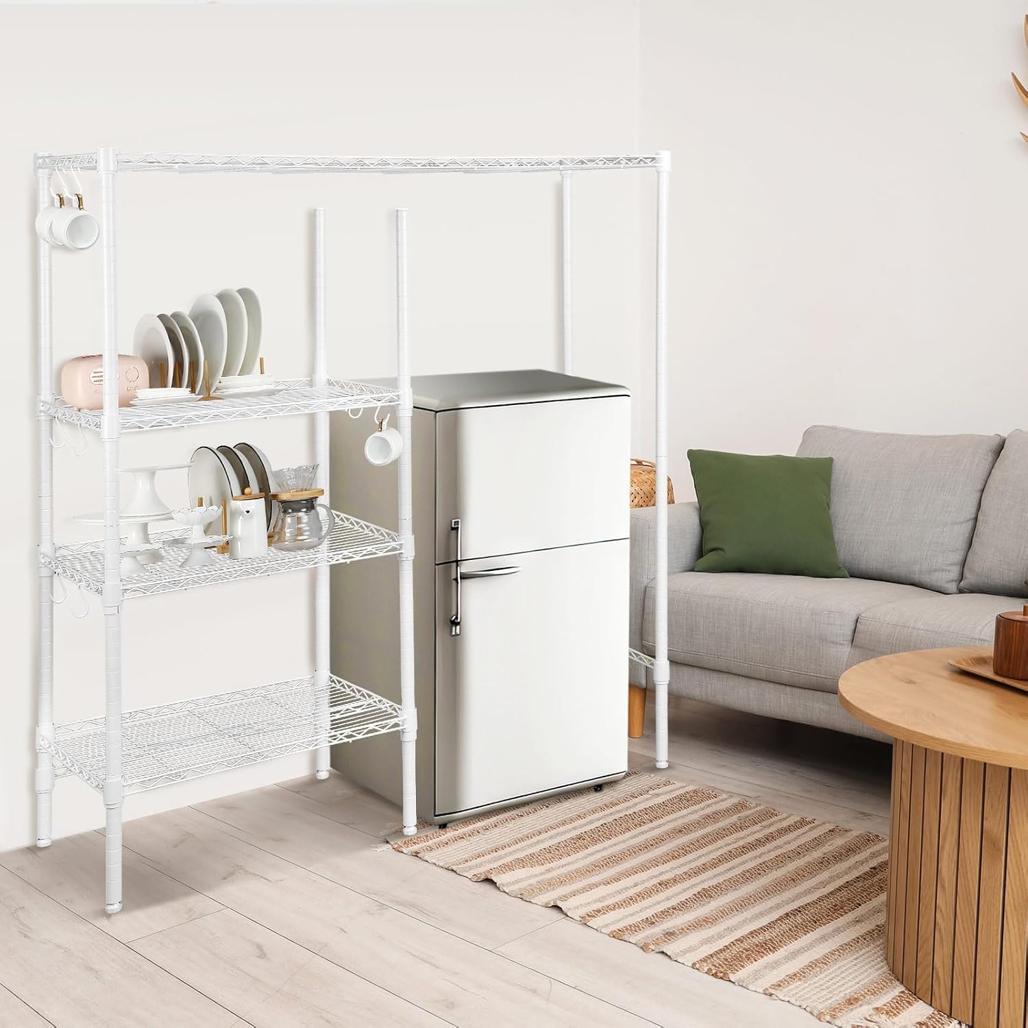Huwena Mini Fridge Stand with Storage Shelf for Dorm 4 Tier Mini Microwave Stand Baker Rack Adjustable Height over Fridge Storage Organizer with Hook for College Dorm Kitchen Office Coffee Bar (White)