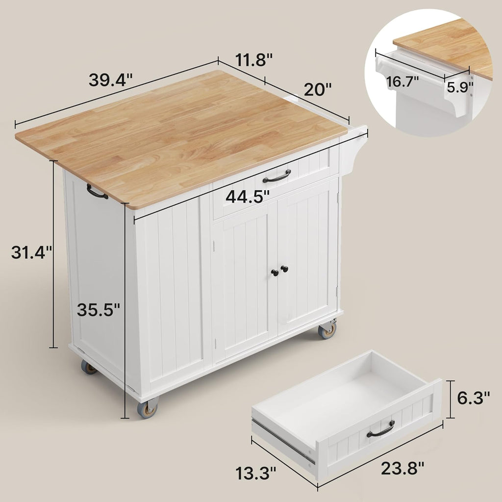 Ahomly Kitchen Island with Storage, 44.49' Kitchen Island with Trash Can Storage, Drop Leaf Rubberwood Top, Knife Holder, Adjustable Shelf, Towel Bar, Drawer, Spice Rack, White
