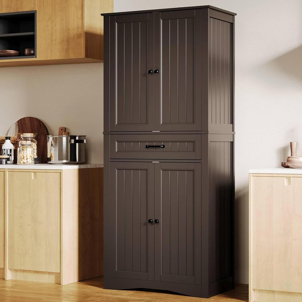 Gizoon 71'' Kitchen Pantry Storage Cabinet, Freestanding Pantry Organizers and Storage Cabinet with 4 Doors and 4 Adjustable Shelves, Tall Cabinet with Large Drawer for Kitchen, Living Room, Bathroom