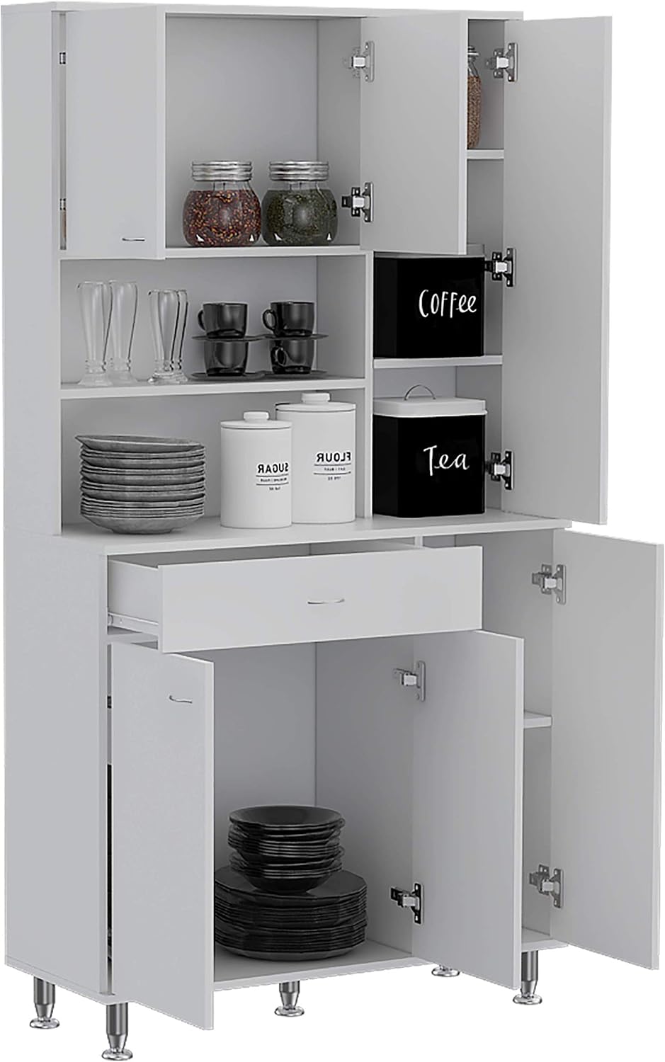 66' 10-Shelf & 1-Drawer Freestanding Storage Cabinet, Kitchen Storage Bakers Rack with 6 Covered Doors, Utility Food Cupboard for Home Kitchen Areas, White