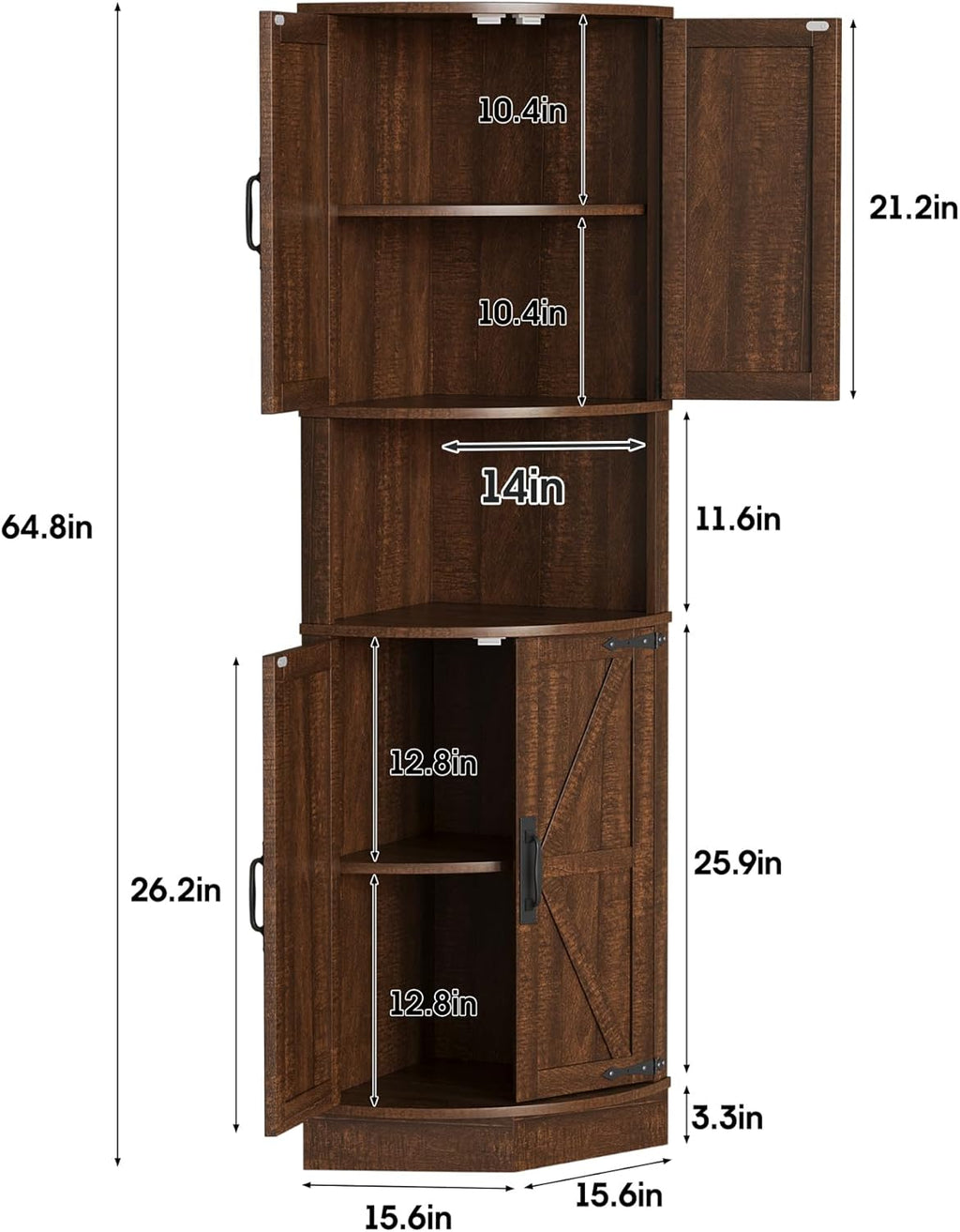 Vabches 64.8' Tall Farmhouse Corner Cabinet with 4 Doors and 5 Storage Shelves, Farmhouse Storage Cabinet with Barn Door Design, Home Space Saver for Living Room, Kitchen, Laundry Room,Brown